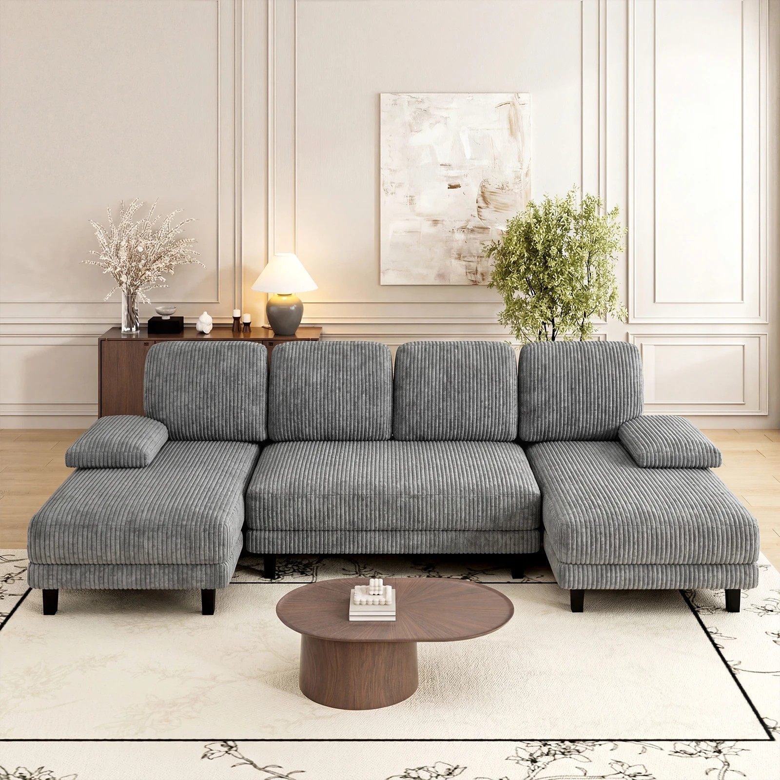 3 Advwin Sectiona Sofa 4-Seater Corduroy Fabric U Shape Couch 280cm - Grey, 3 of 9