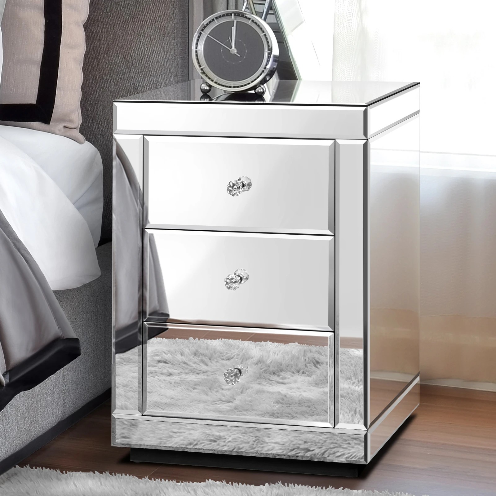 2 Alfordson Bedside Table Mirrored Cabinet Nightstand Side End Table Drawers - Silver, 2 of 10
