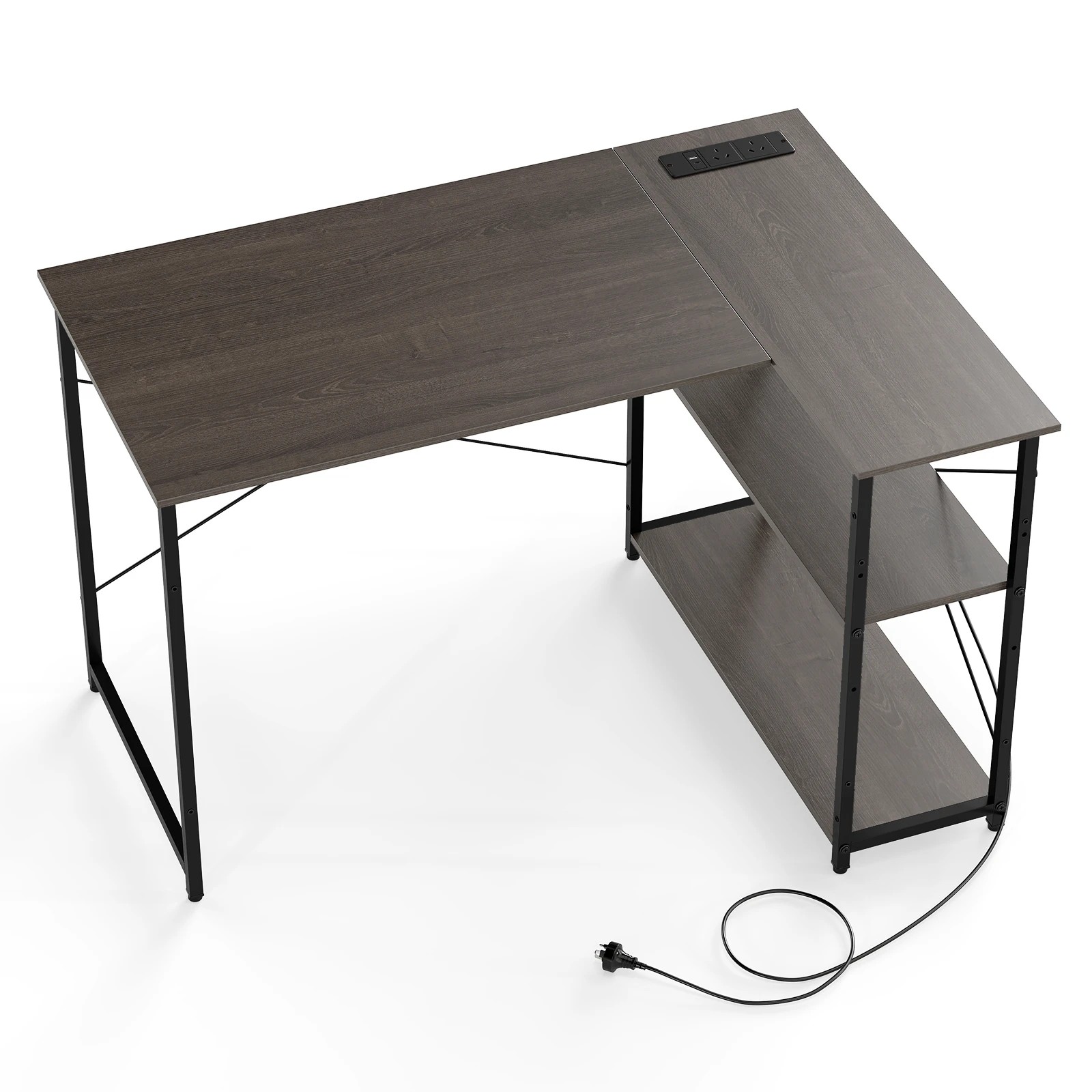 1 Costway L-Shaped Computer Desk w/Adjustable Storage Shelves & Power Outlet, 1 of 4