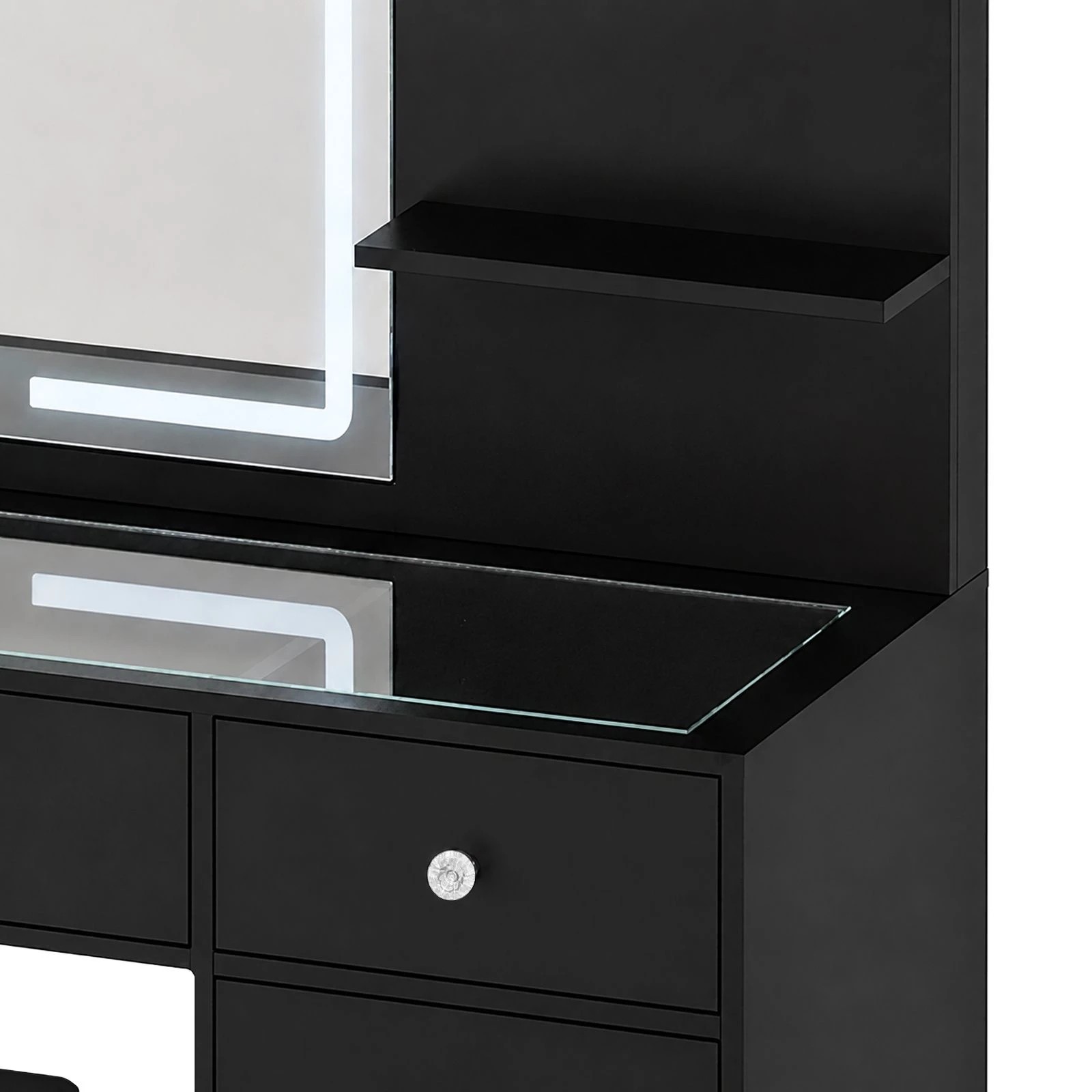 6 Ausway Dressing Table Stool Set with LED Lighted Mirror 3 Lighting Colours Drawers Shelves Glass Tabletop, 6 of 6