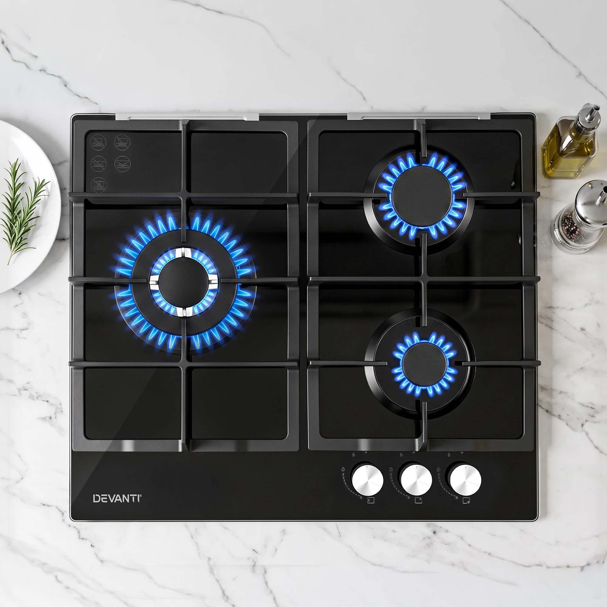 10 Devanti 59cm Gas Cooktop 3 Burner - Black, 10 of 10