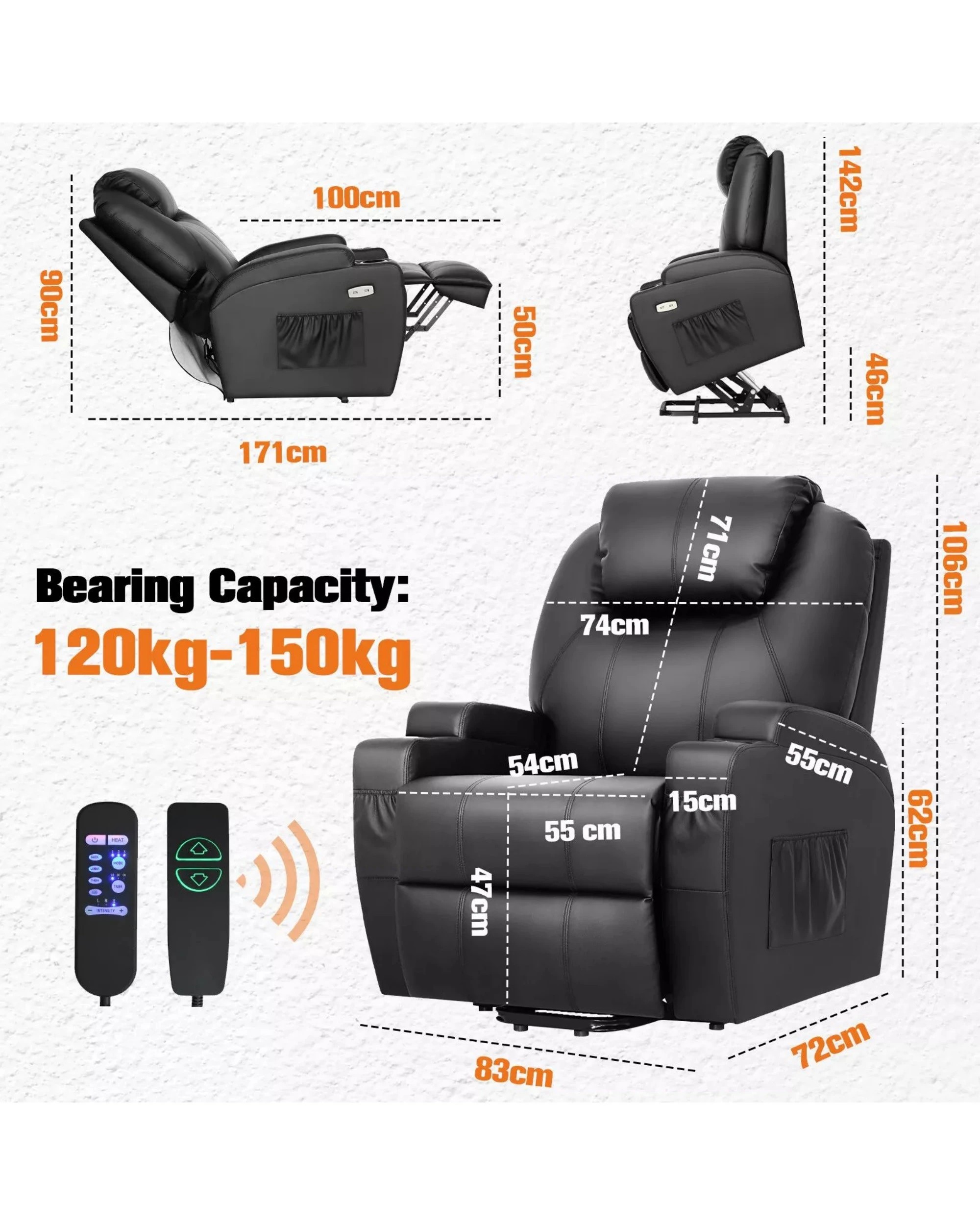 2 Advwin Electric Lift Recliner Chair Lounge Massage Heated Chair Leather Black, 2 of 8