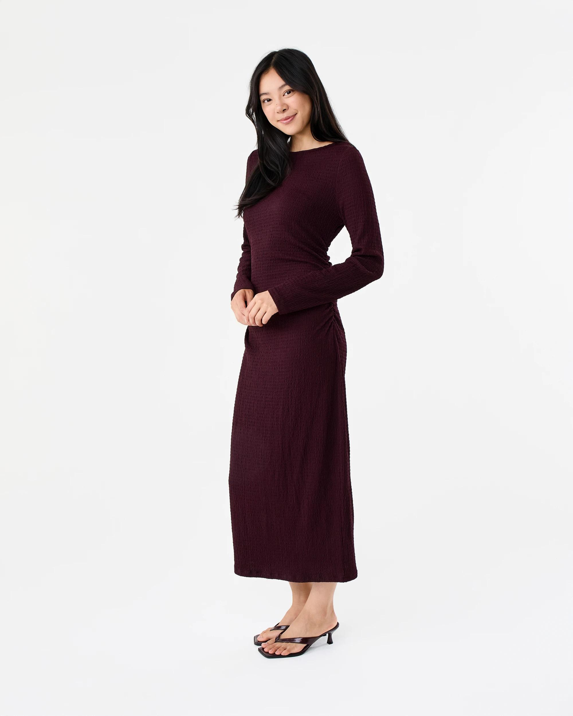 2 Long Sleeve Crinkle Ruched Midi Dress Red Royale, 2 of 8