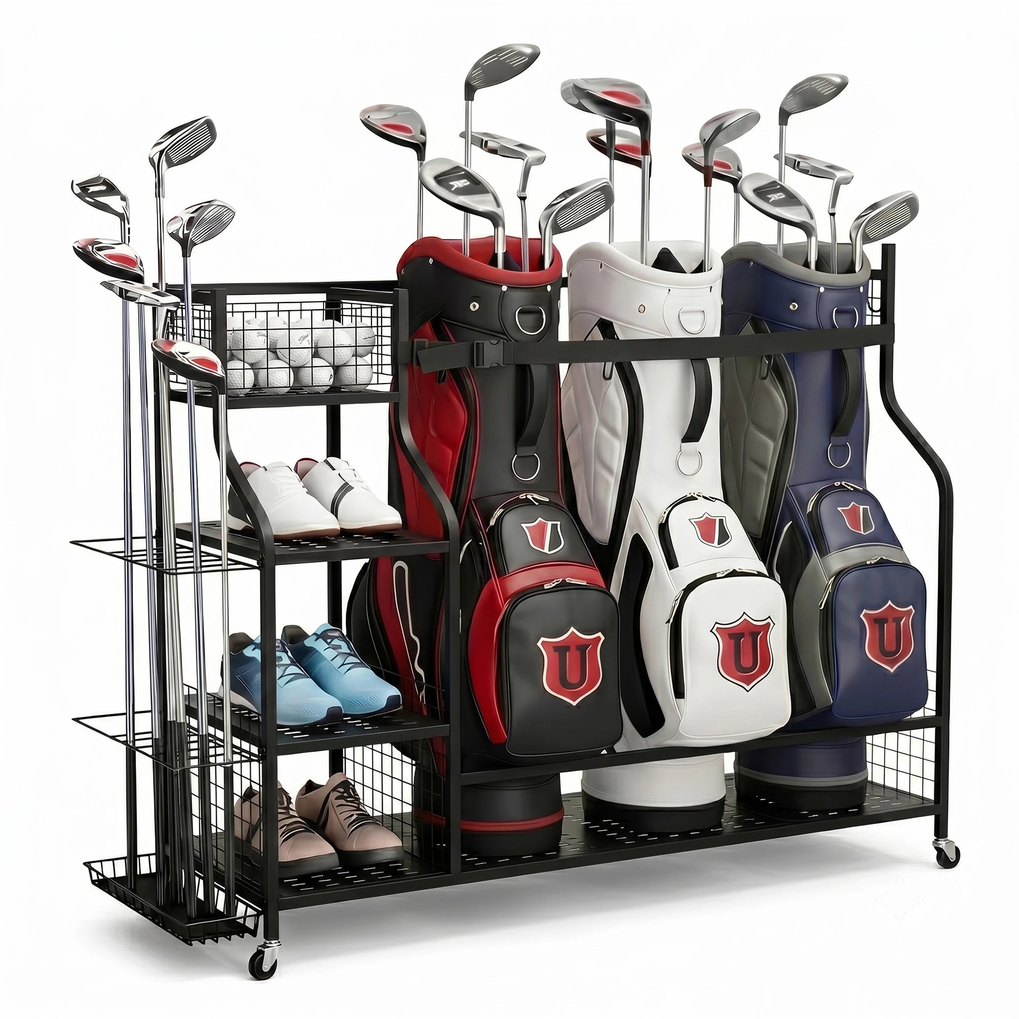1 Everfit Golf 3 Bag Storage Golf Storage Garage Organizer with Wheels - Black, 1 of 7
