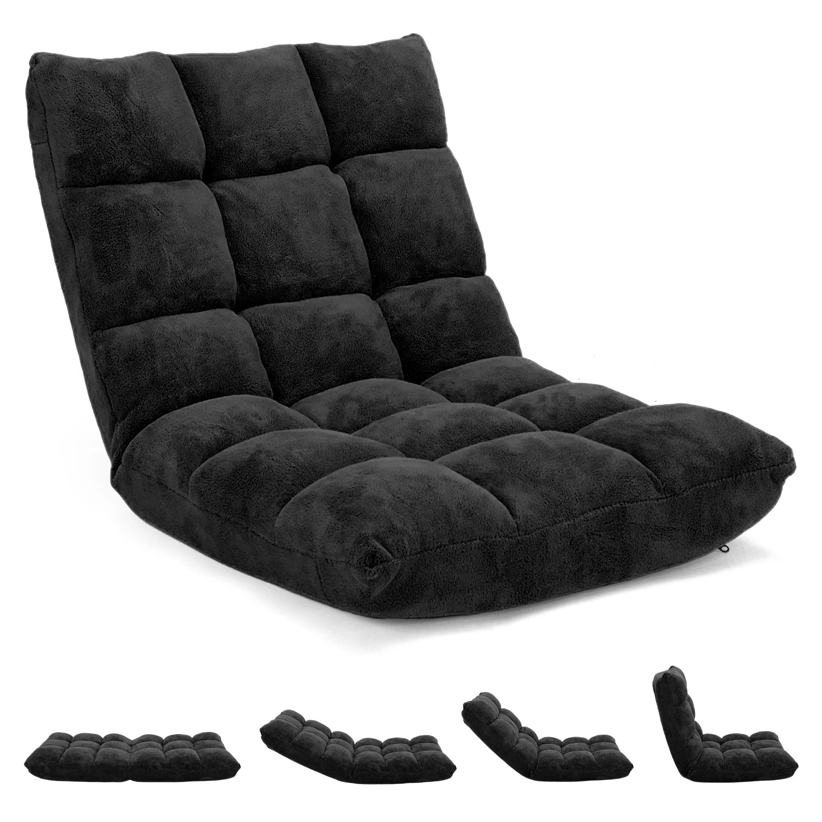 1 Costway Floor Chair Lazy Sofa Velvet Chaise Lounge Lazy Recliner w/14-Position Adjustable Back - Black, 1 of 1