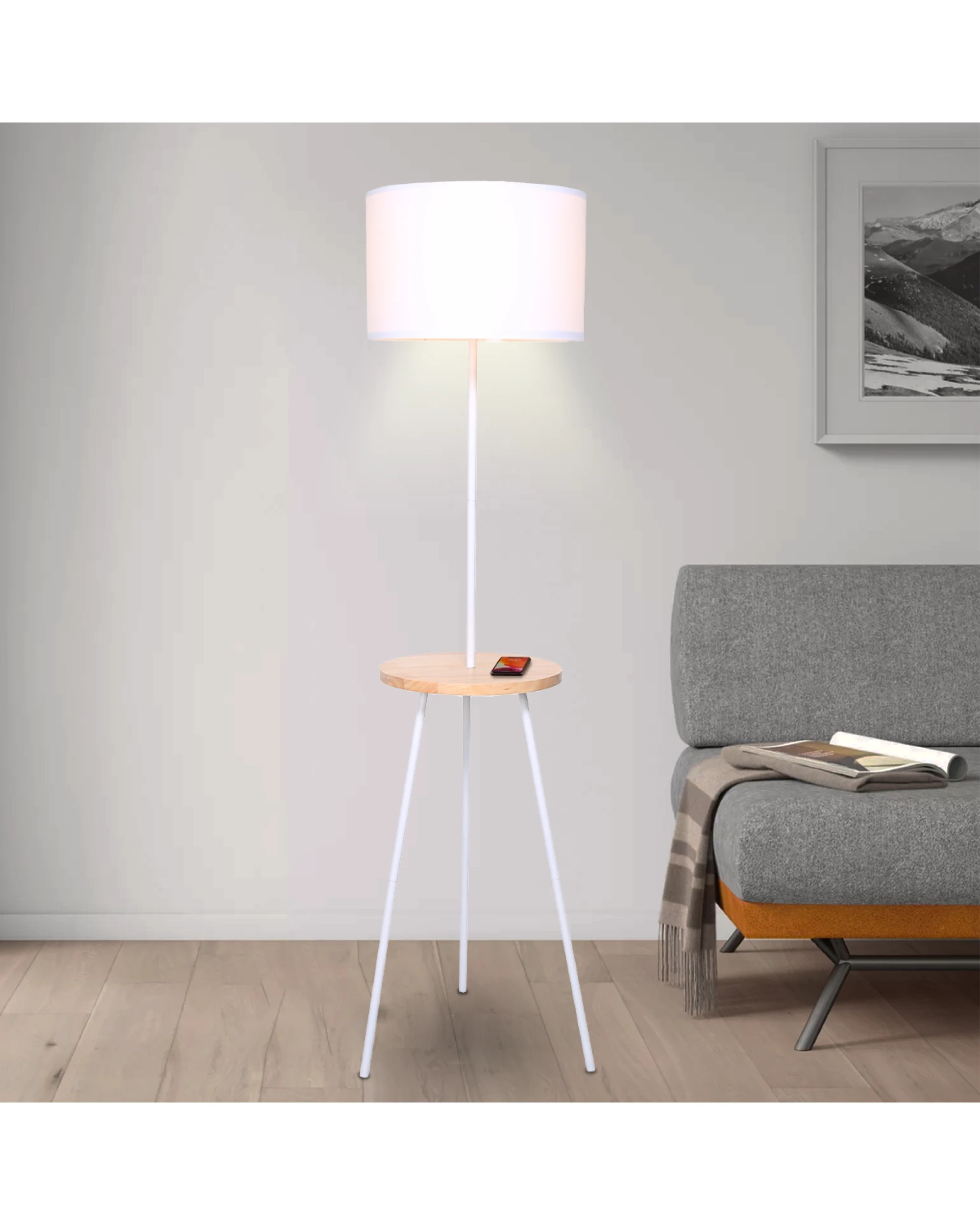 6 Sarantino Metal Tripod Floor Lamp Shade With Wooden Table Shelf, 6 of 6