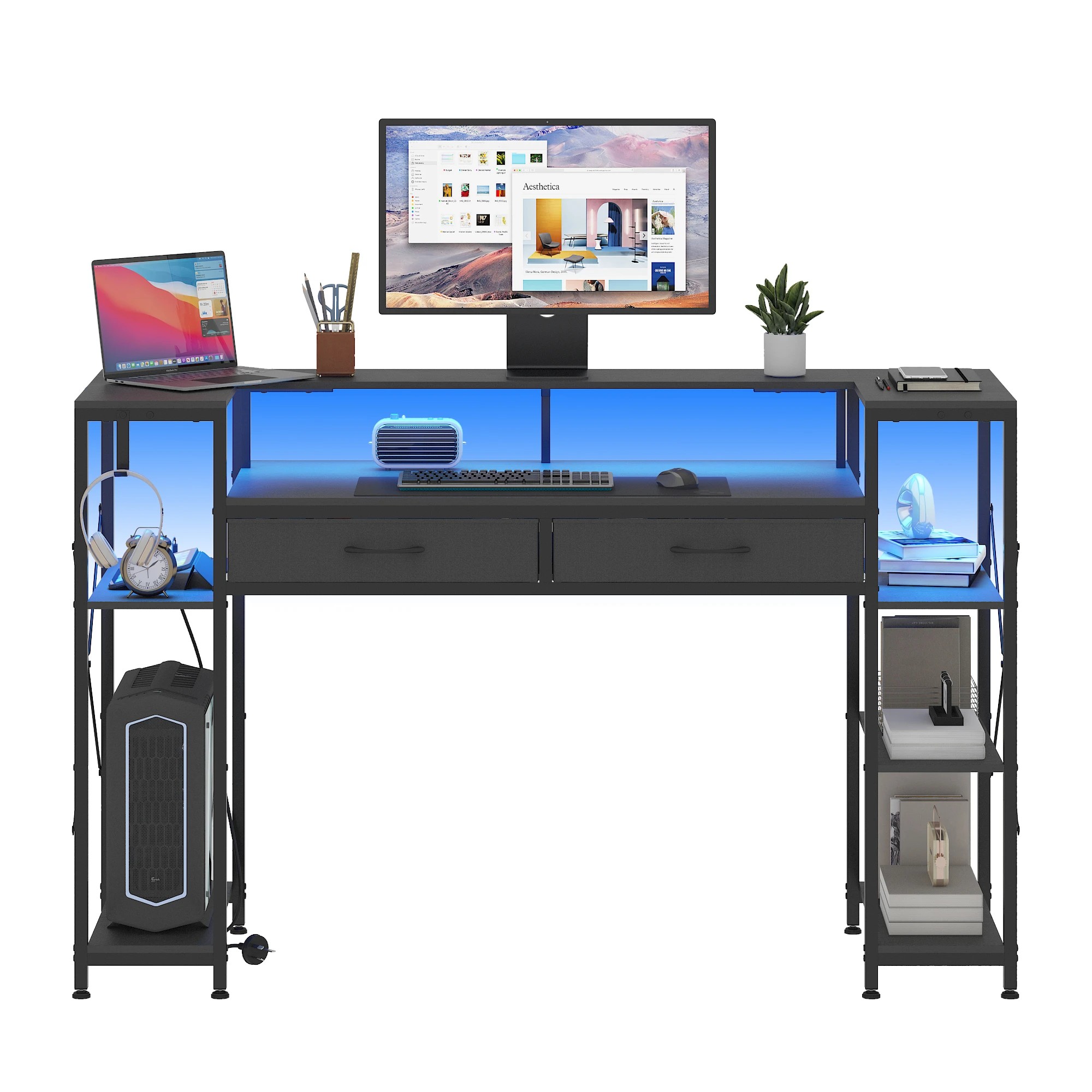 7 Advwin LED Gaming Desk w/ Monitor Stand & Power Outlets  Computer Table w/ Shelf hook - Black, 7 of 9