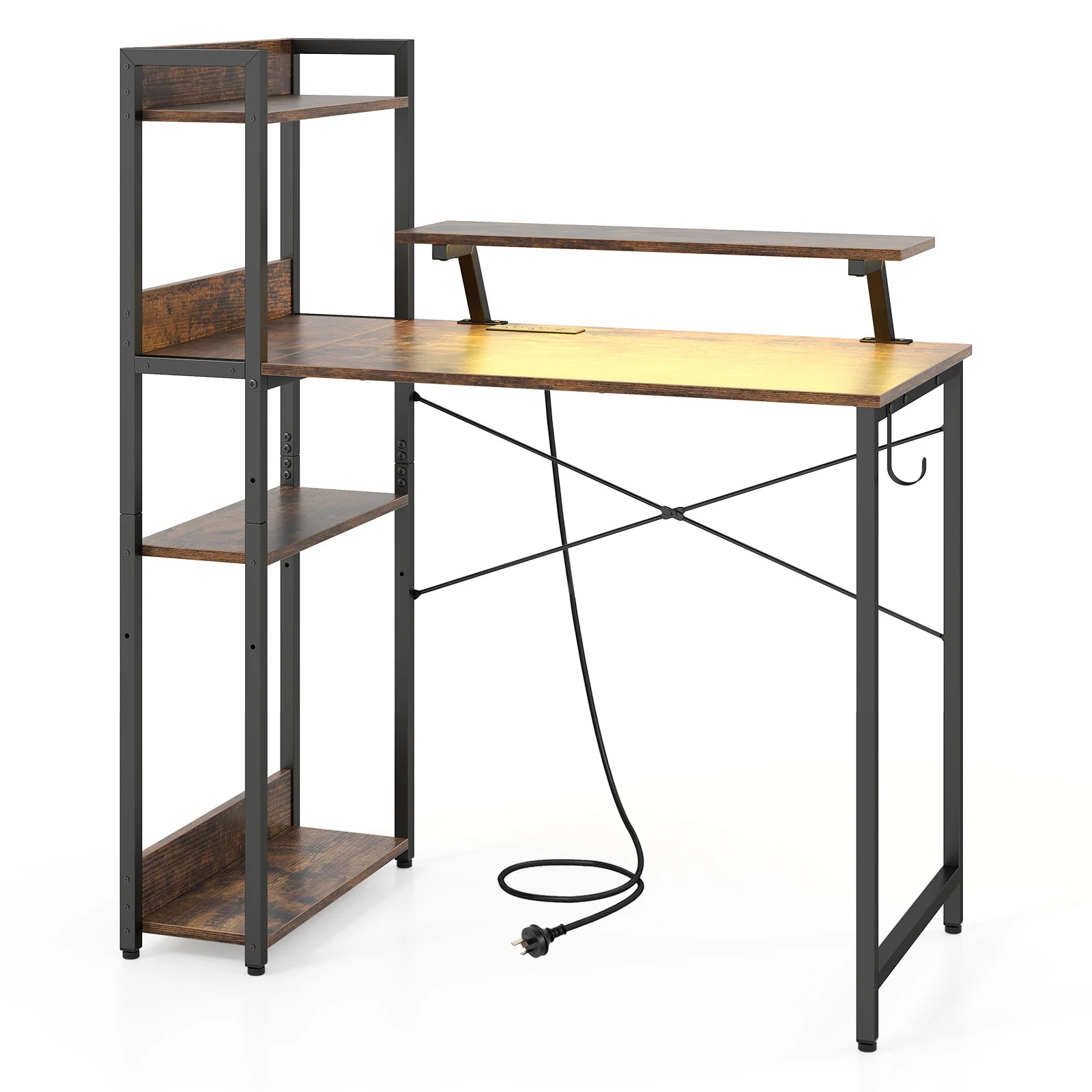 1 Costway Reversible Computer Desk w/LEDs & Charging Station Home Office Gaming Desk - Brown, 1 of 5