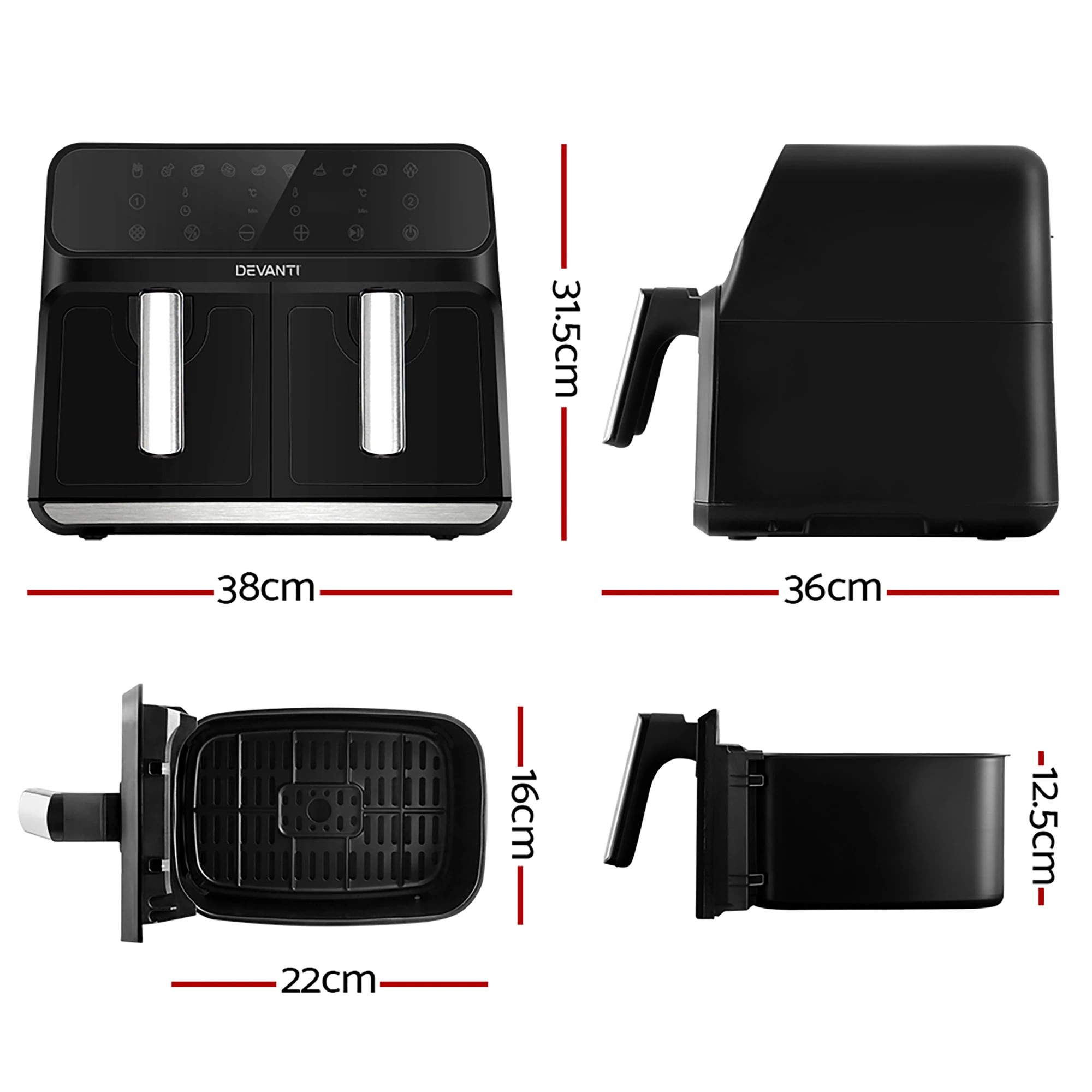 3 Devanti Air Fryer 8L Dual Zone - Black, 3 of 7