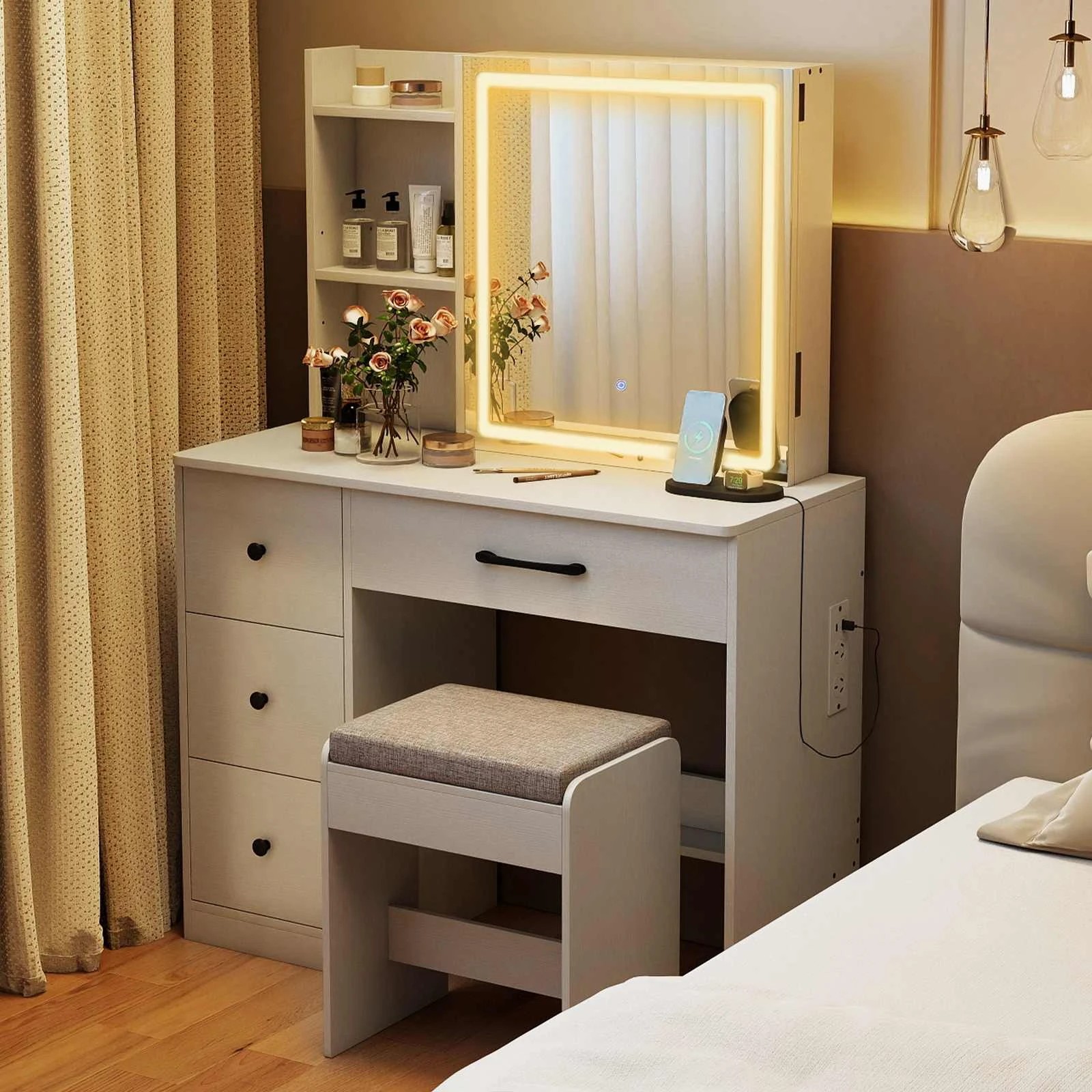 2 Costway LED Lighted Dressing Table Set Makeup Vanity Desk & Chair w/Sliding Mirror, 2 of 4
