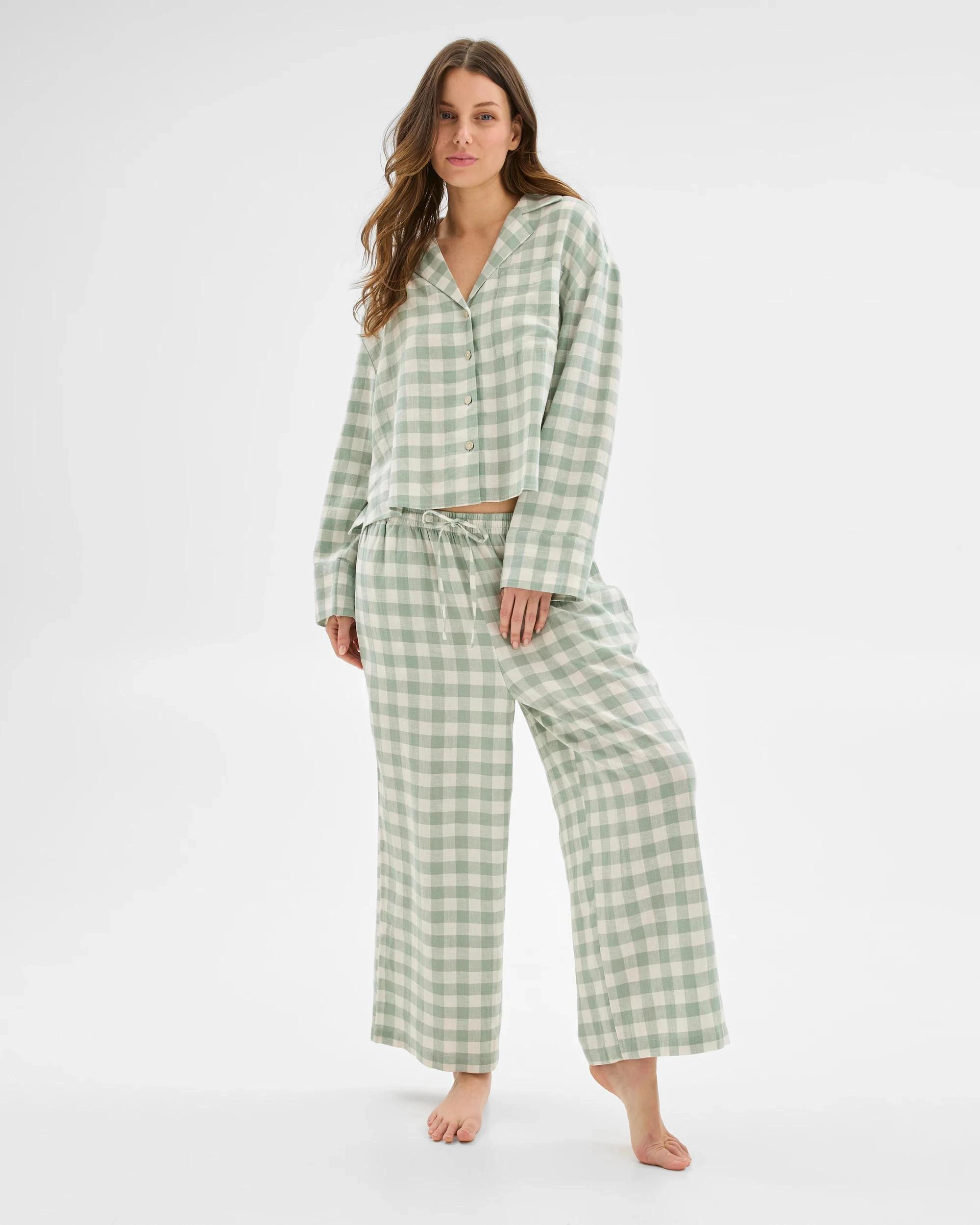 1 Target Womens Linen Blend Gingham Shirt and 7/8 Length Pant Pyjama Set JADEITE GREEN, 1 of 5