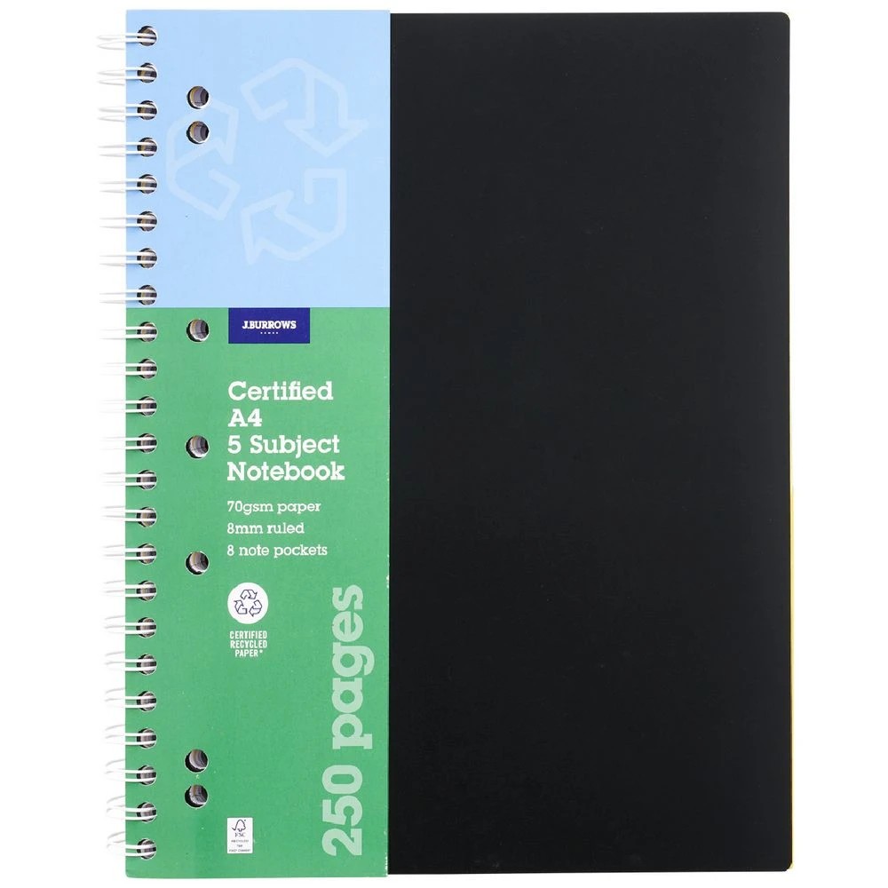 1 J.Burrows A4 5 Subject Notebook 250 Page Black, 1 of 4