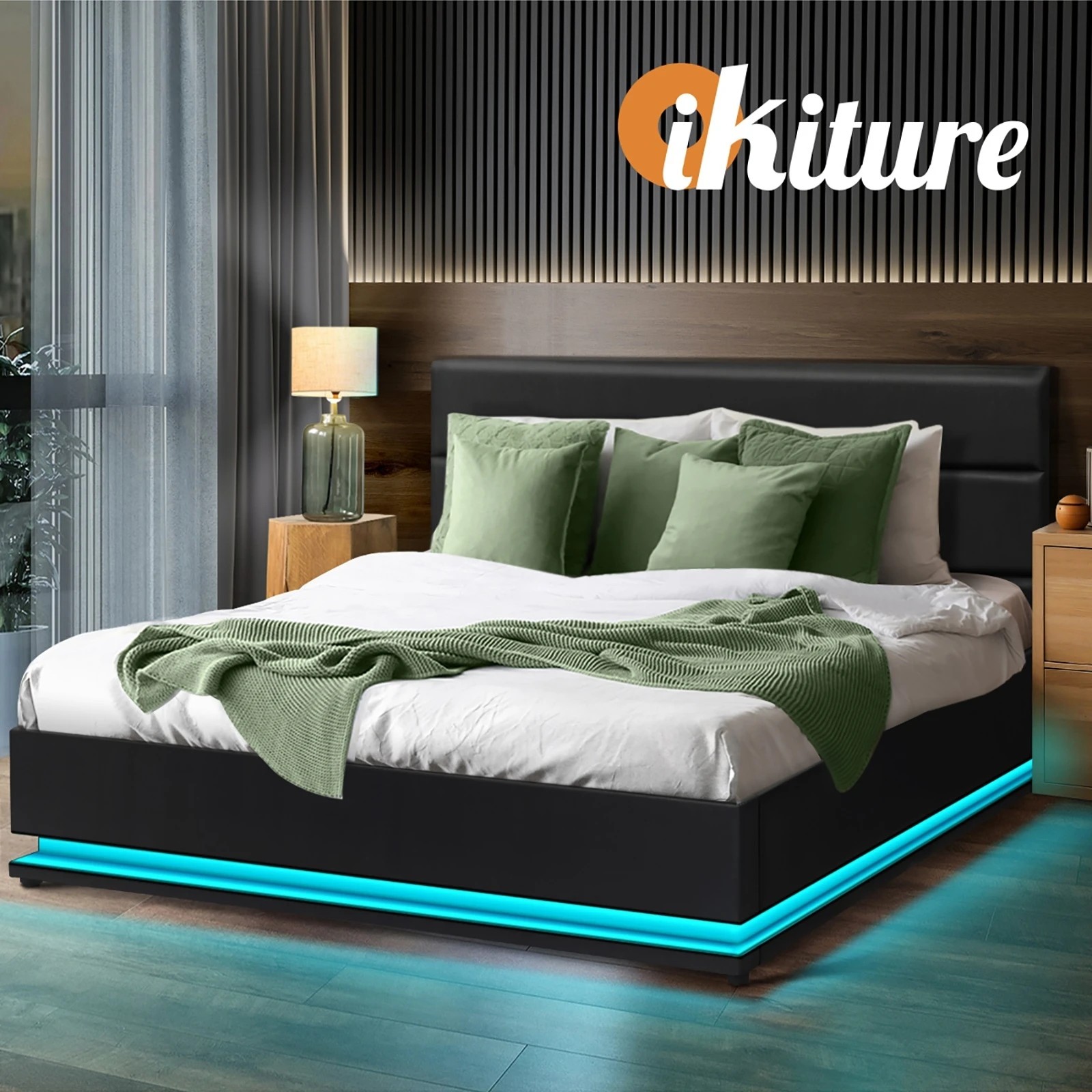 6 Oikiture Rgb Led Queen Bed Frame Gas Lift Base With Storage
 - Black, 6 of 10