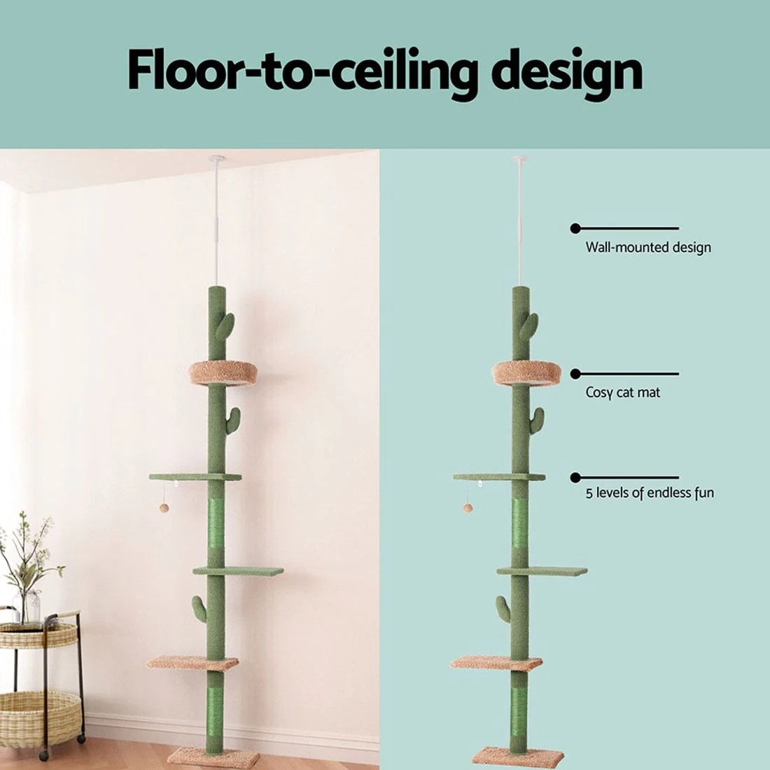 5 i.Pet Cat Tree Tower Scratching Post Scratcher Floor to Ceiling Cats Bed 290cm - Green, 5 of 7