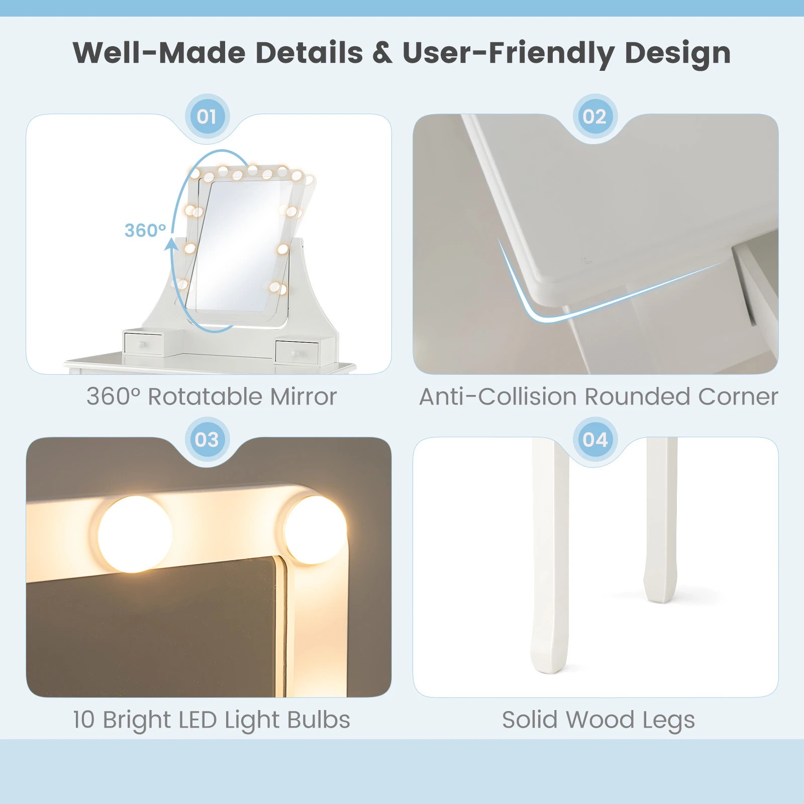 7 Costway Dressing Table Stool Set w/LEDs Rotatable Mirror, 7 of 10