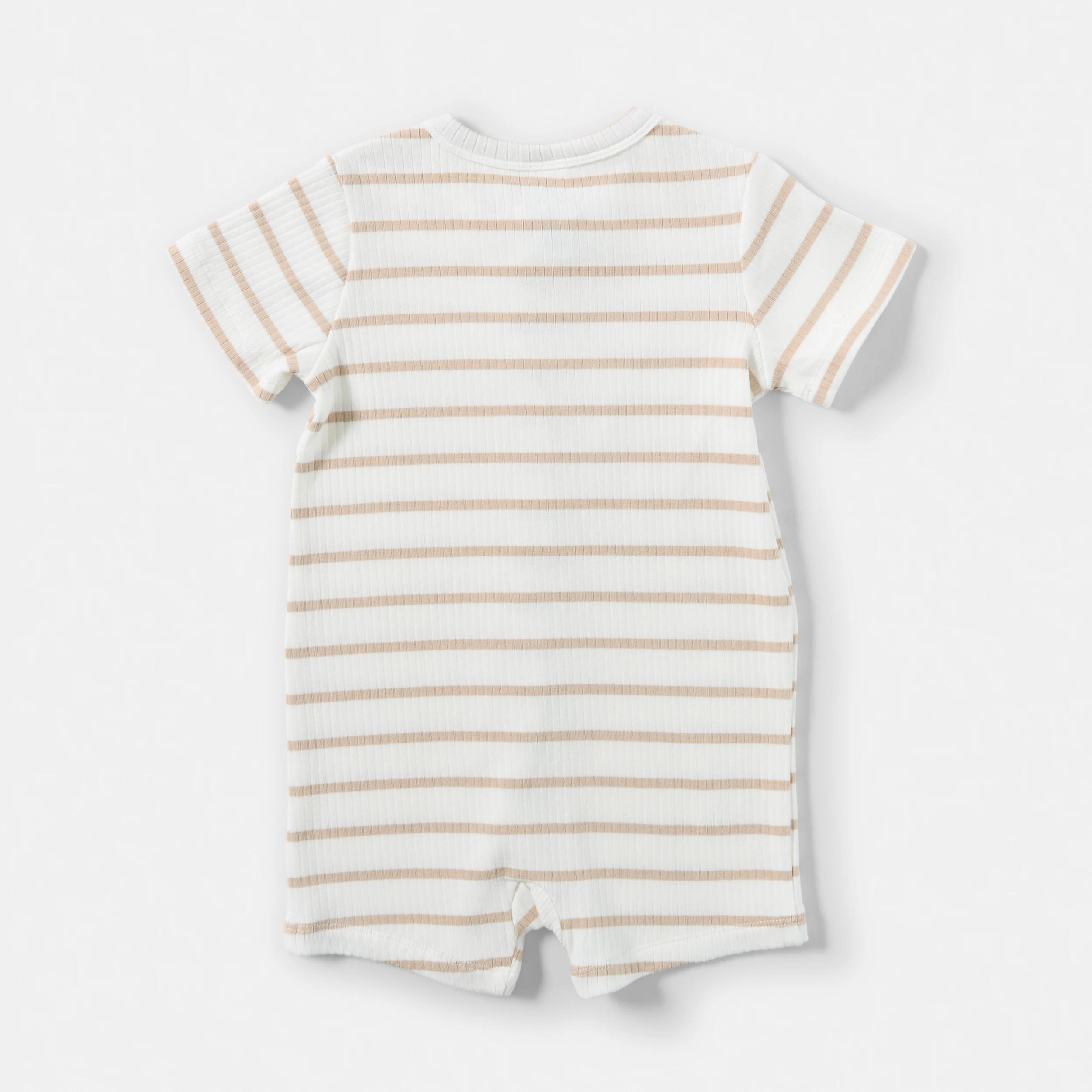 2 Short Sleeve Rib Zip Romper BEIGE STRIPES, 2 of 3