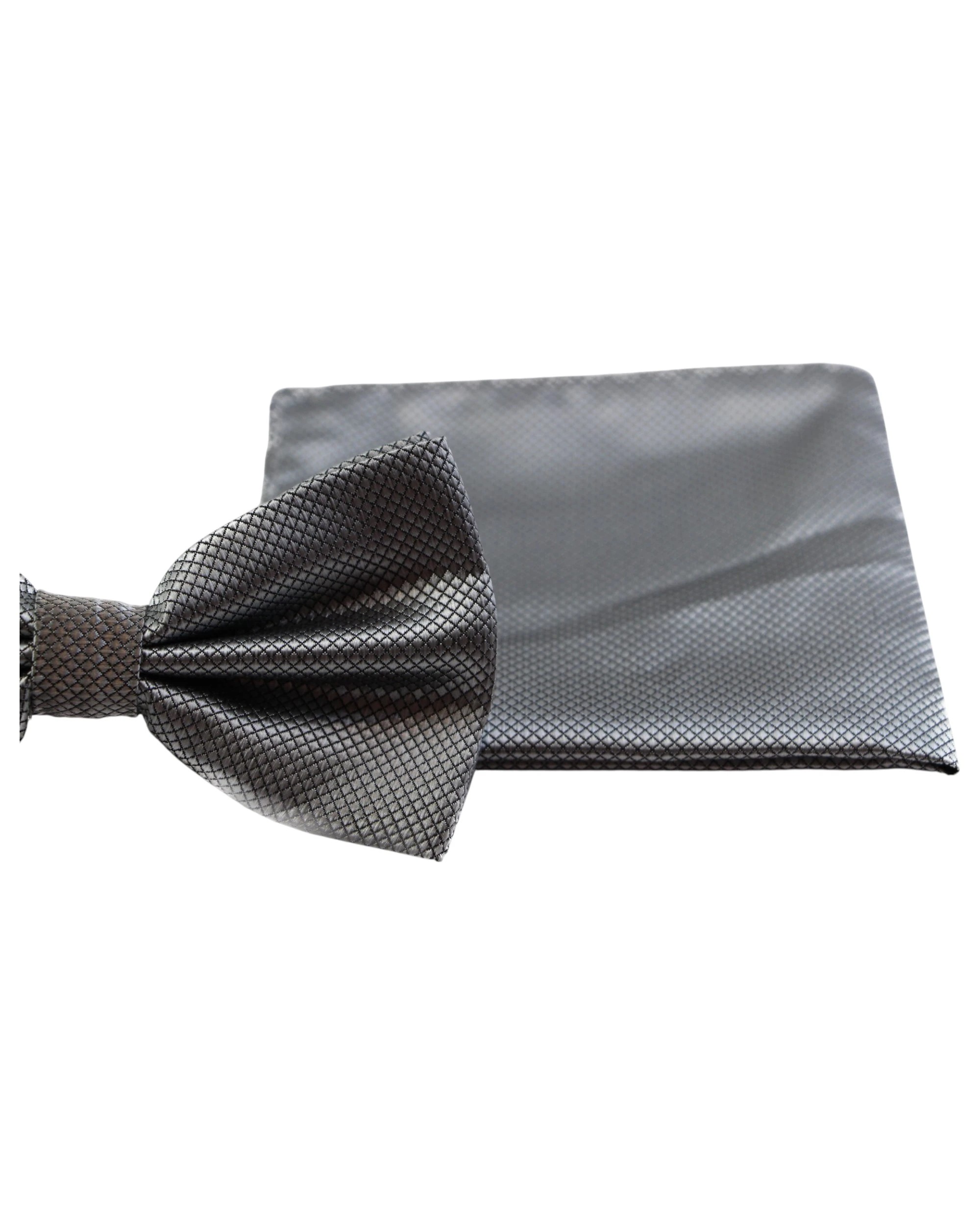 2 Zasel Mens Dark Silver Plain Coloured Checkered Bow Tie & Matching Pocket Square Set - Silver, 2 of 3