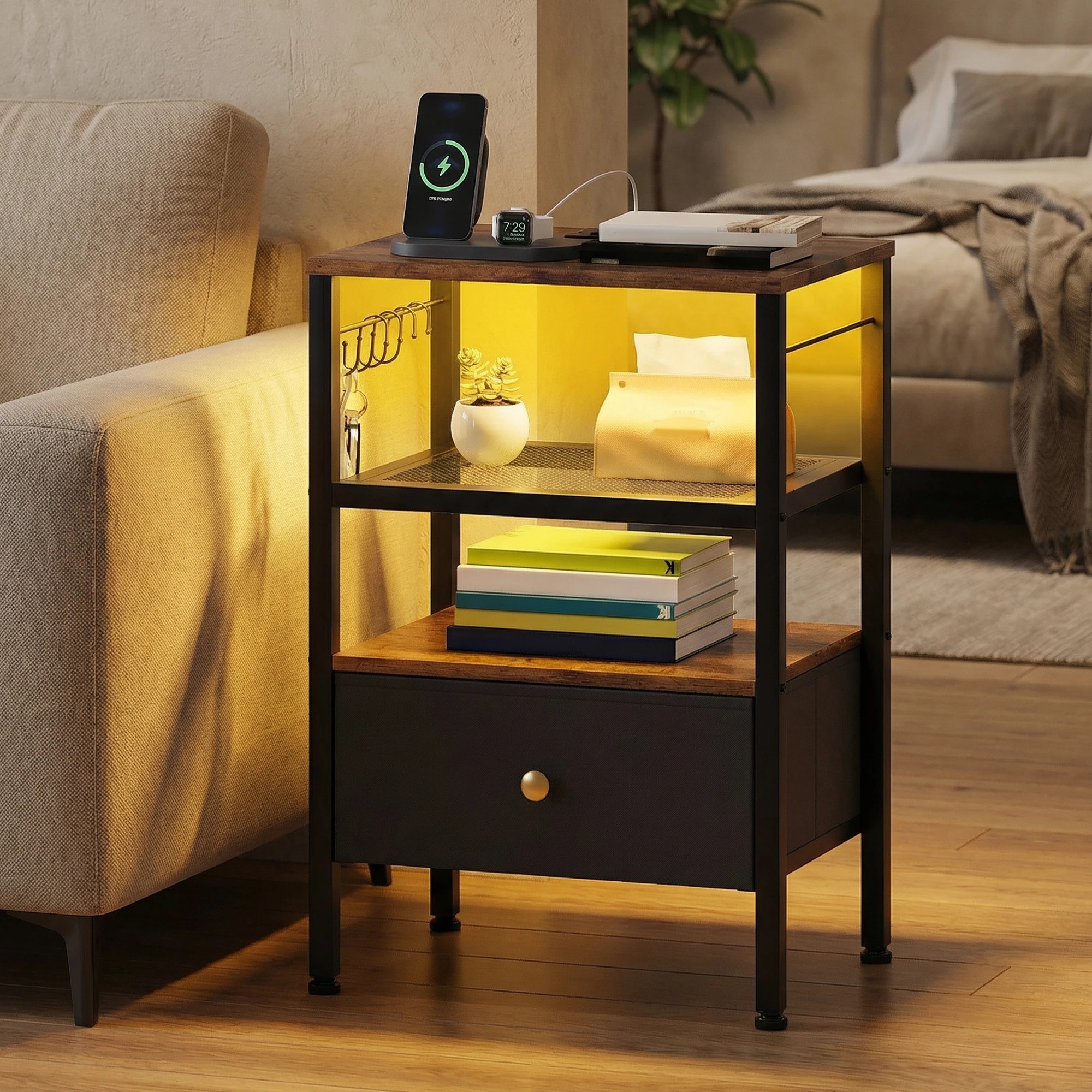 5 Advwin Bedside Table with Fabric Drawer Charging Station LED Lights - Brown, 5 of 6