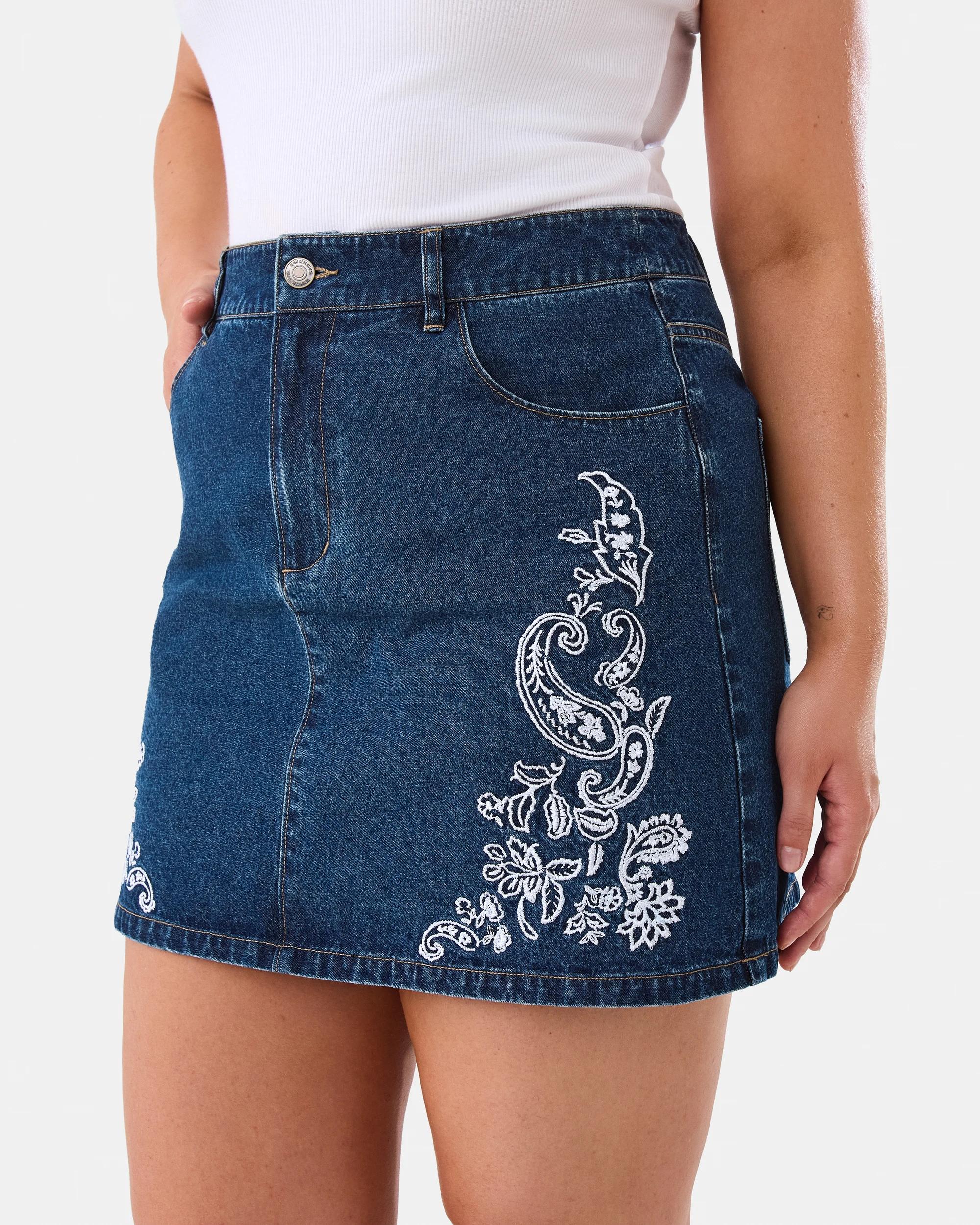 2 Embroidered Denim Mini Skirt Dark Wash, 2 of 10