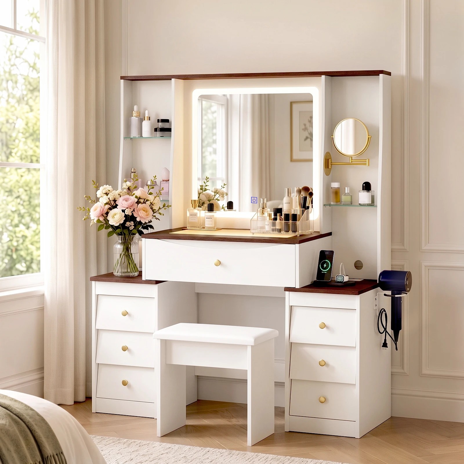 2 Advwin LED Vanity Desk with Mirror and Charging Hub - White, 2 of 10