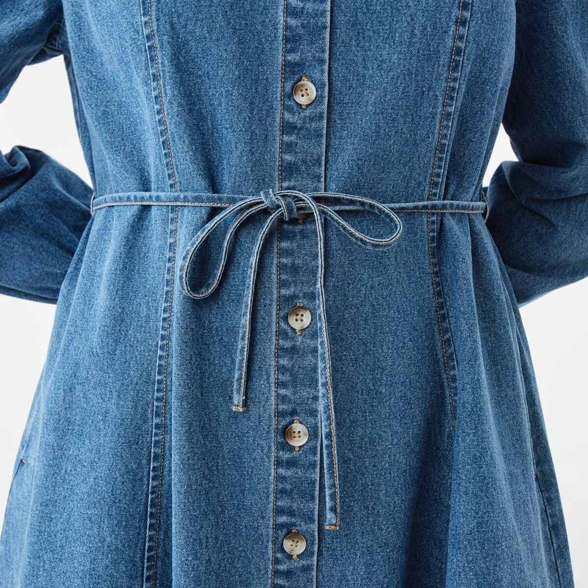 7 Long Sleeve Denim Swing Mini Dress Mid Wash, 7 of 8
