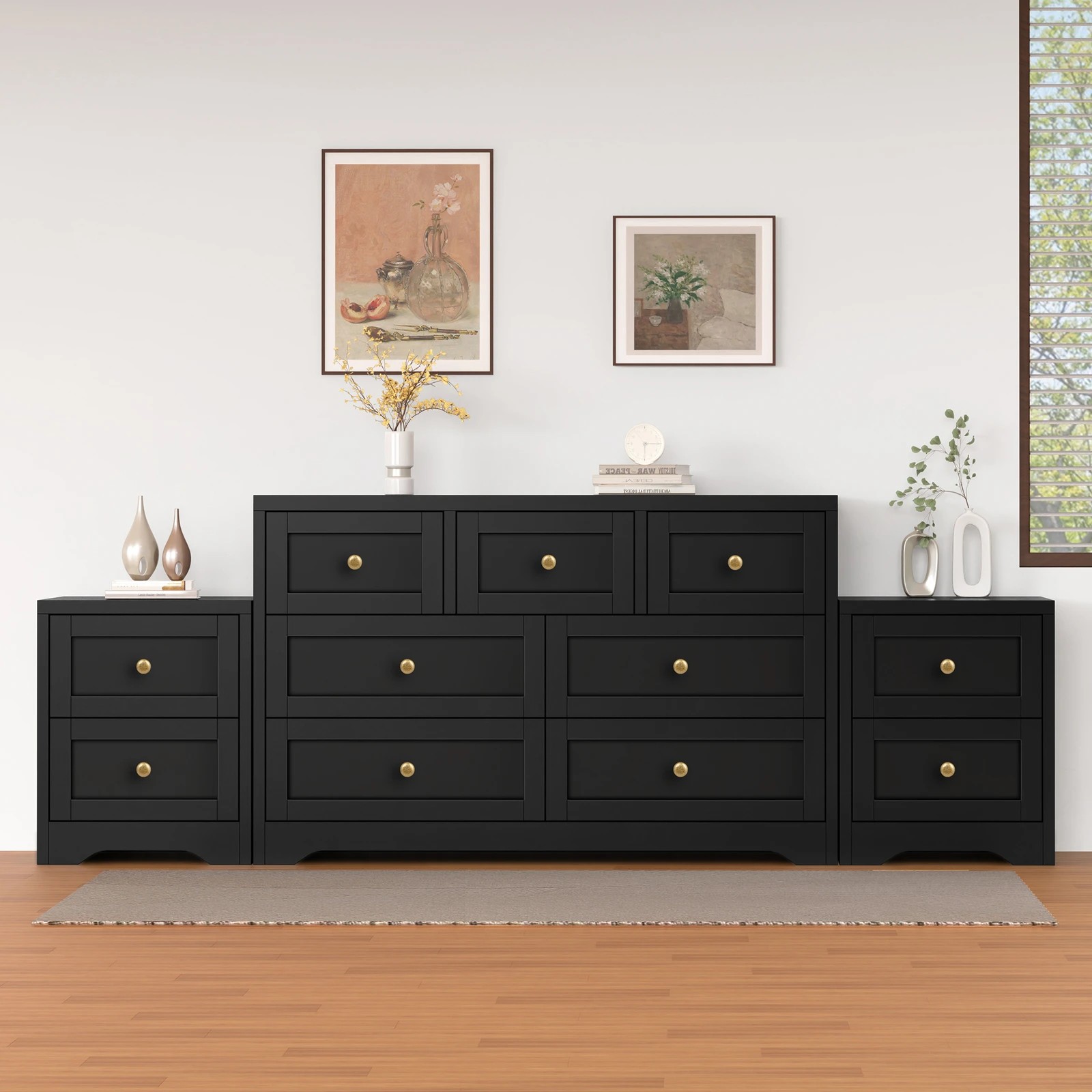 2 Alfordson 7 Chest of Drawers 2x Bedside Table Hamptons Bedroom Storage - Black, 2 of 10