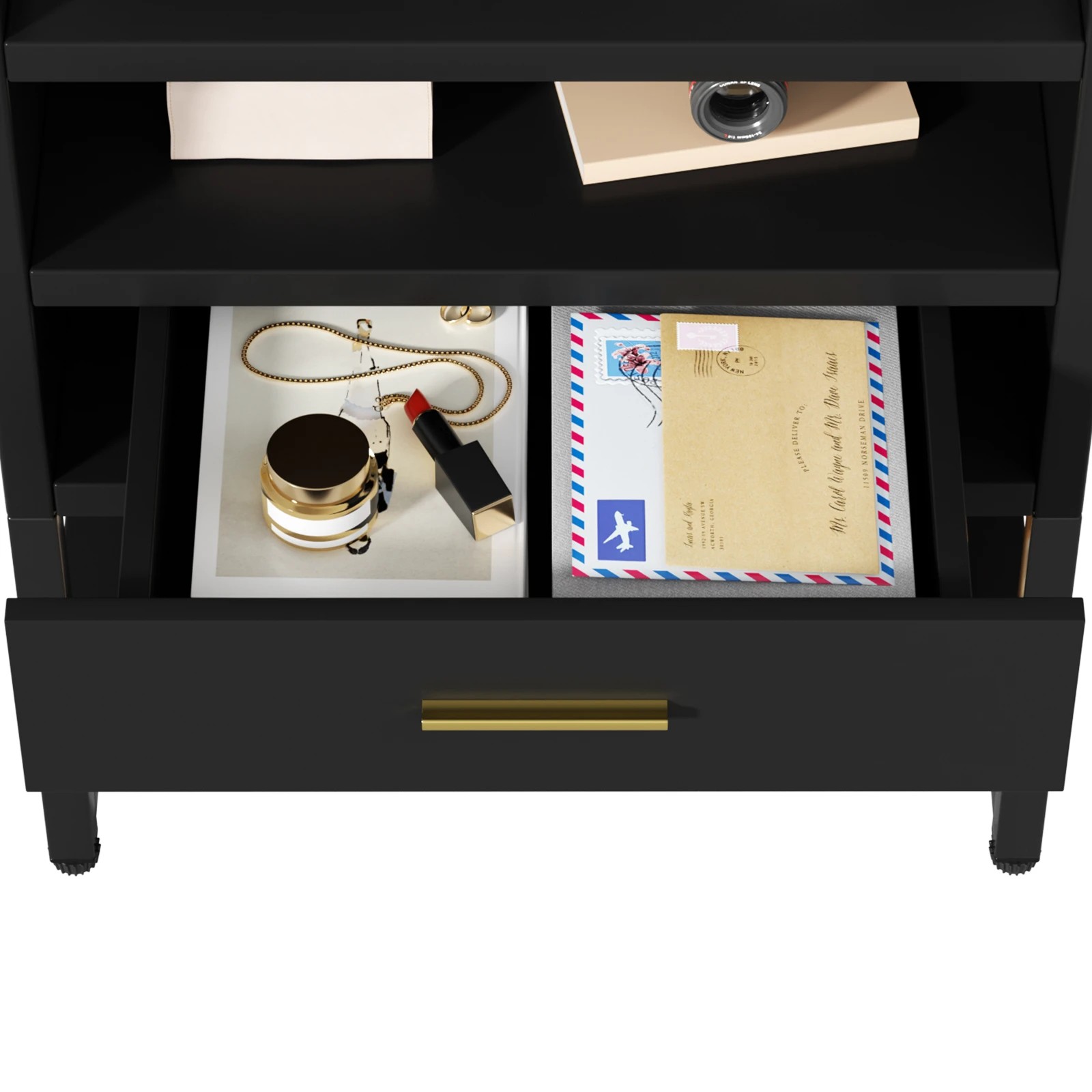 6 Advwin Bedside Table with Charging Station LED Lights Drawer and Open Storage Shelves - Black, 6 of 10