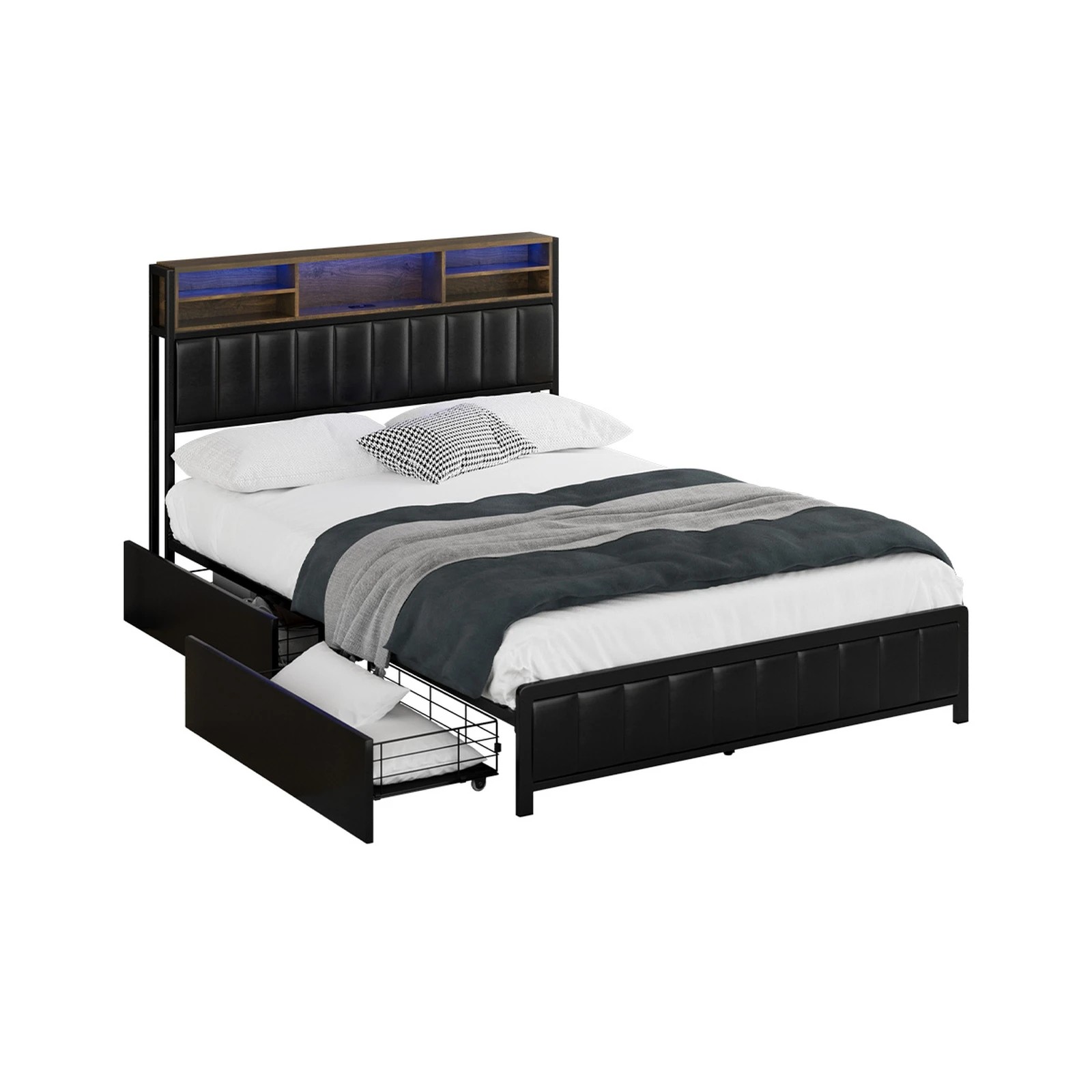 1 Oikiture Bed Frame Double Size LED Storage Headboard USB Charge 2 Drawers - Black, 1 of 9