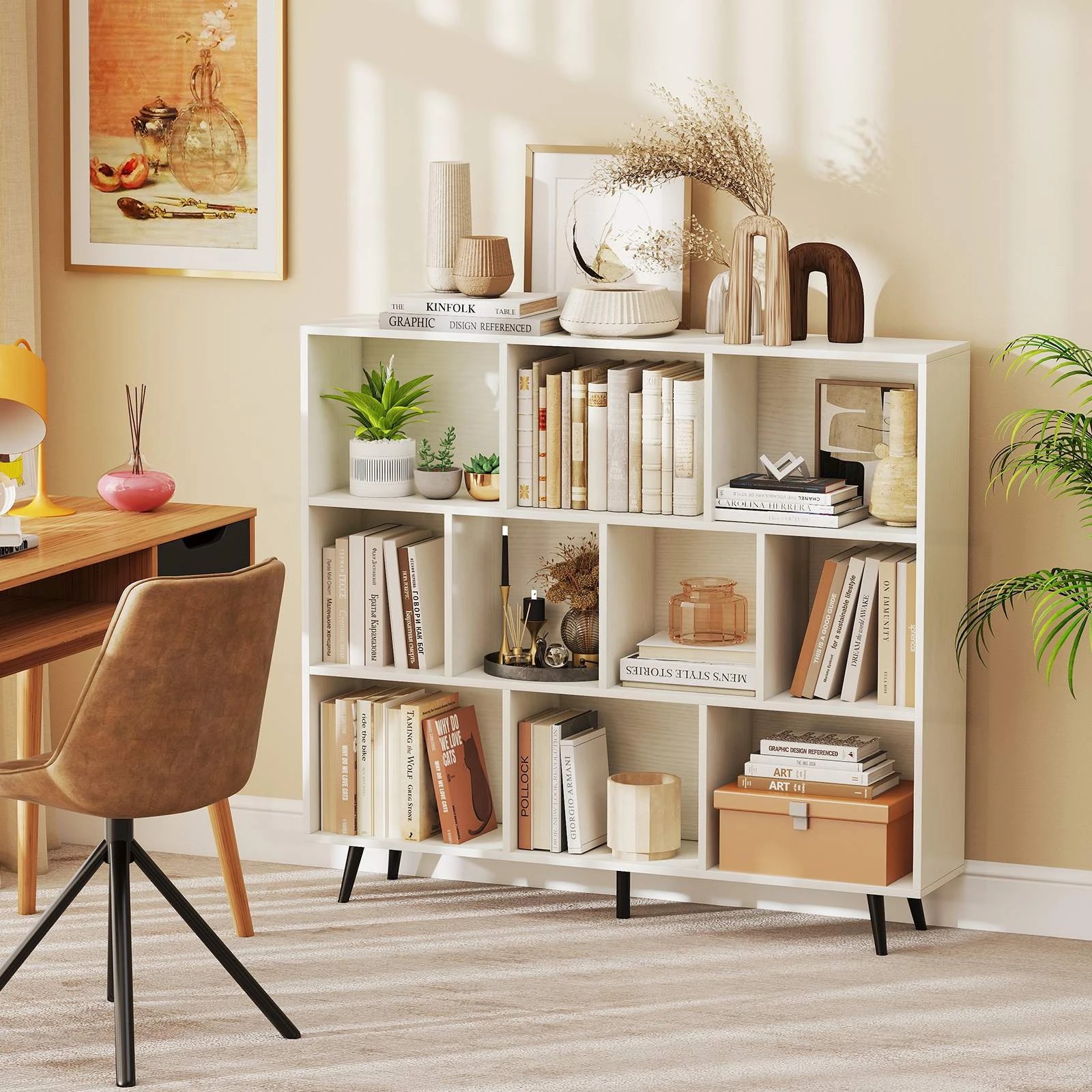 2 Costway 3-Tier Bookcase 10 Cube Bookshelf w/Metal Angled Legs Storage Display Organiser - White, 2 of 2