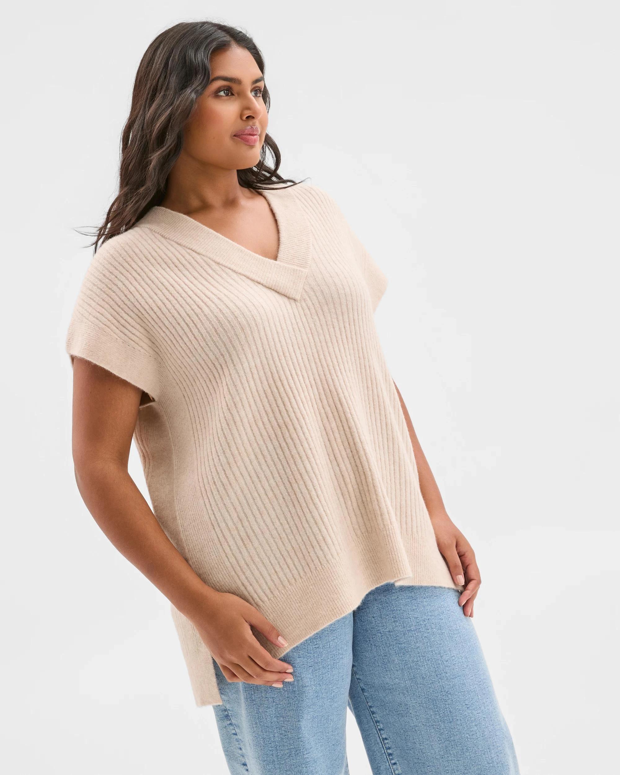 5 Target Curve Plus Size Sleeveless V-Neck Longline Knit Vest OATMEAL MARLE, 5 of 5