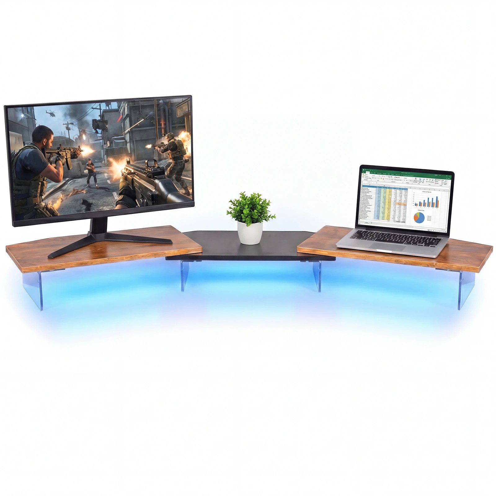 6 Advwin 113cm LED Dual Monitor Stand w/ Acrylic Leg Adjustable Brown, 6 of 7