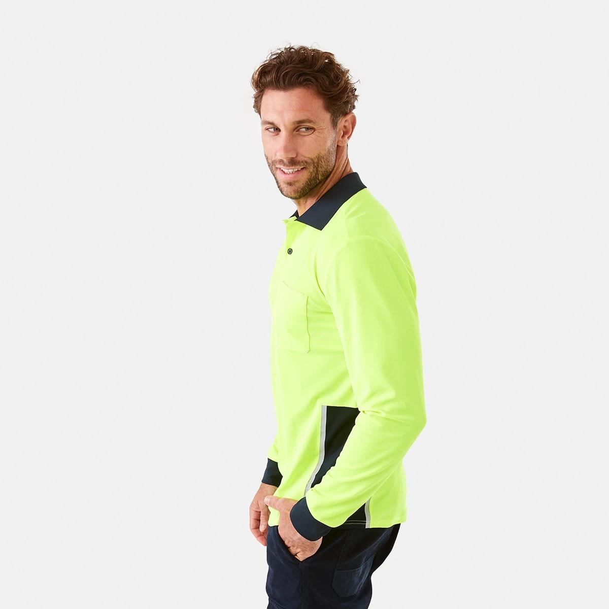 2 Workwear Long Sleeve Hi-Visibility Cool Polo Shirt FLURO YELLOW, 2 of 7