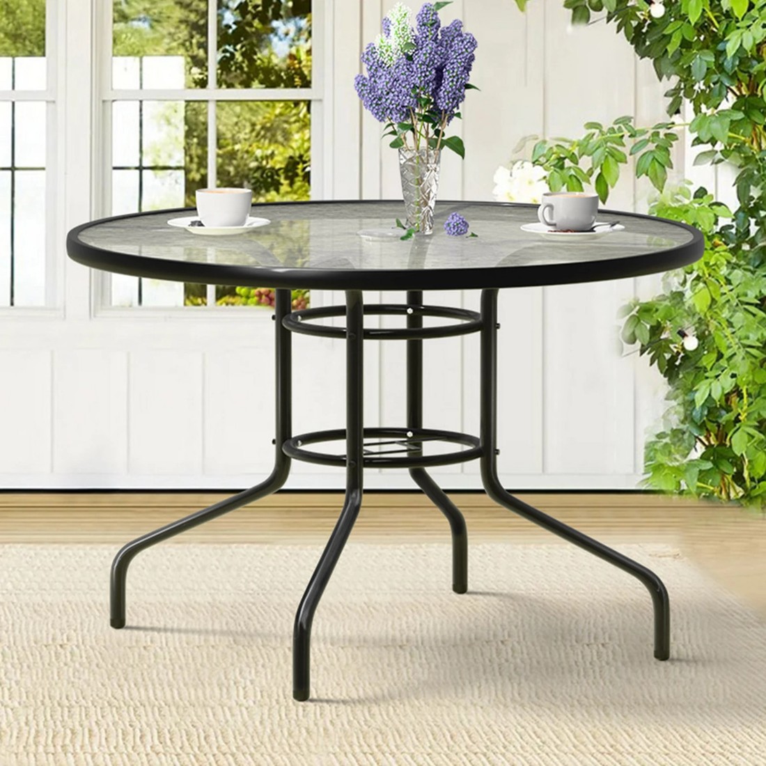 10 Alfordson Outdoor Furniture Patio Dining Table Garden 90CM Round Glass - Black, 10 of 10