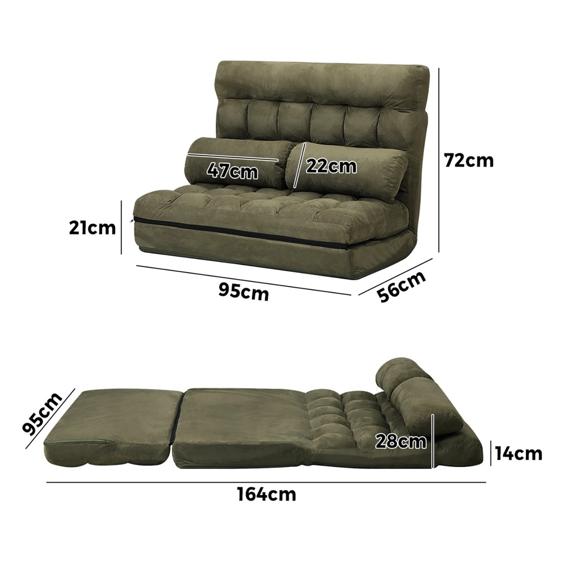 10 Oikiture Lounge Sofa Bed Floor Recliner 2 Seater Chaise Chair Folding
 - Green, 10 of 10