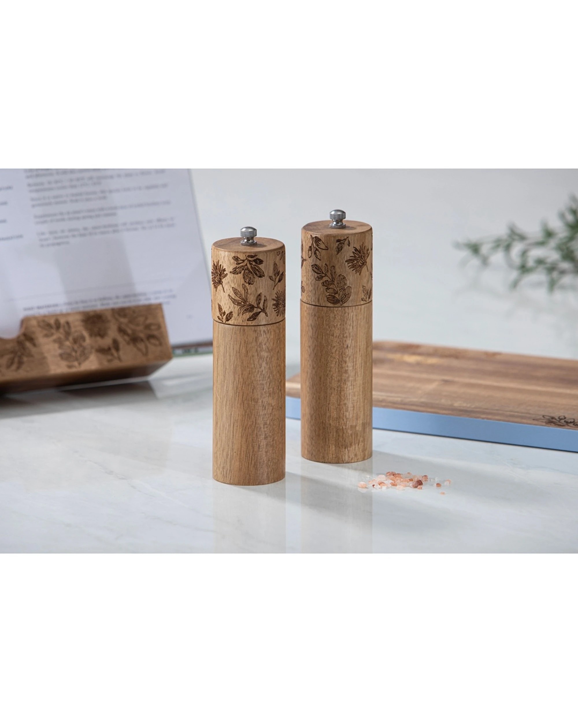 3 Ladelle 2pc Mossman Salt & Pepper Grinder Set Acacia W/ Etched Florals Wood - Natural, 3 of 4