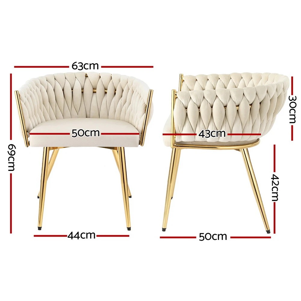 2 Artiss Dining Chair Velvet Weaving Armchair Vanity Chairs - Natural, 2 of 5