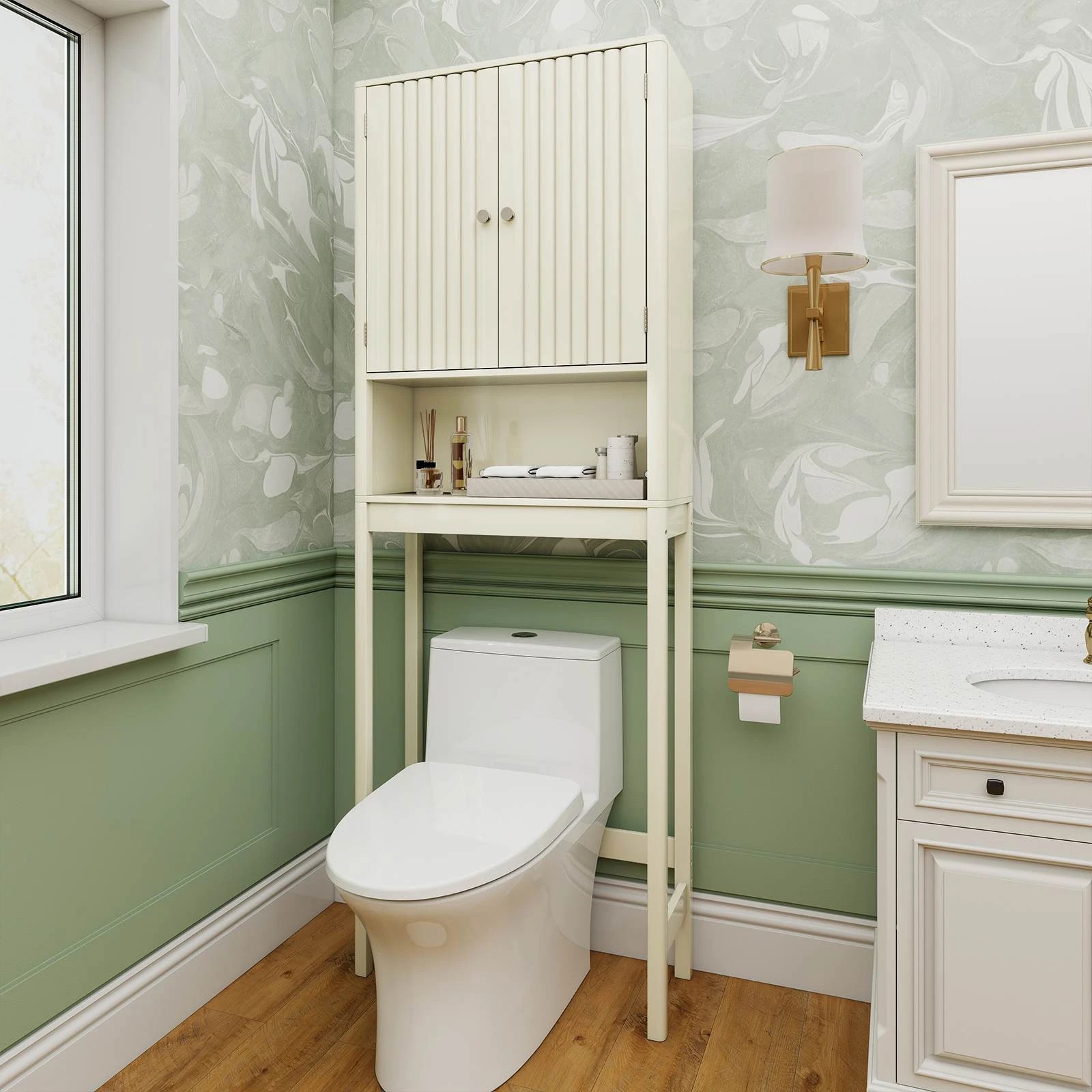 4 Costway Over The Toilet Bathroom Storage Cabinet Freestanding Rack w/Fluted Doors, 4 of 5
