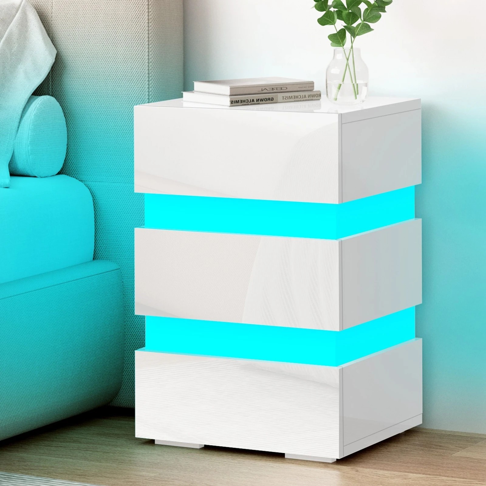 10 Alfordson Bedside Table RGB LED Nightstand 3 Drawers 4 Side High Gloss - White, 10 of 10