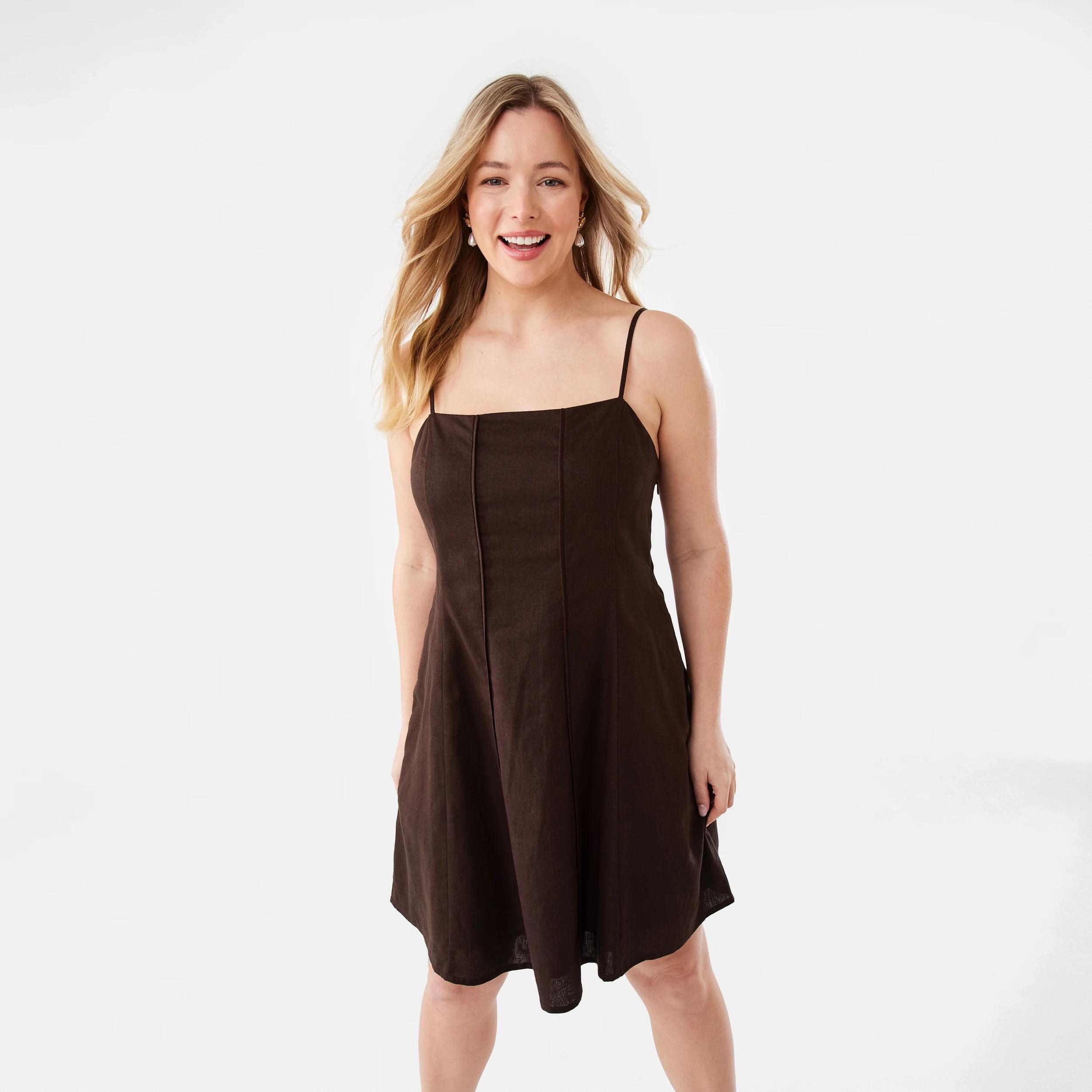 1 Sleeveless Pintuck Linen Blend Mini Dress Melt Brown, 1 of 11