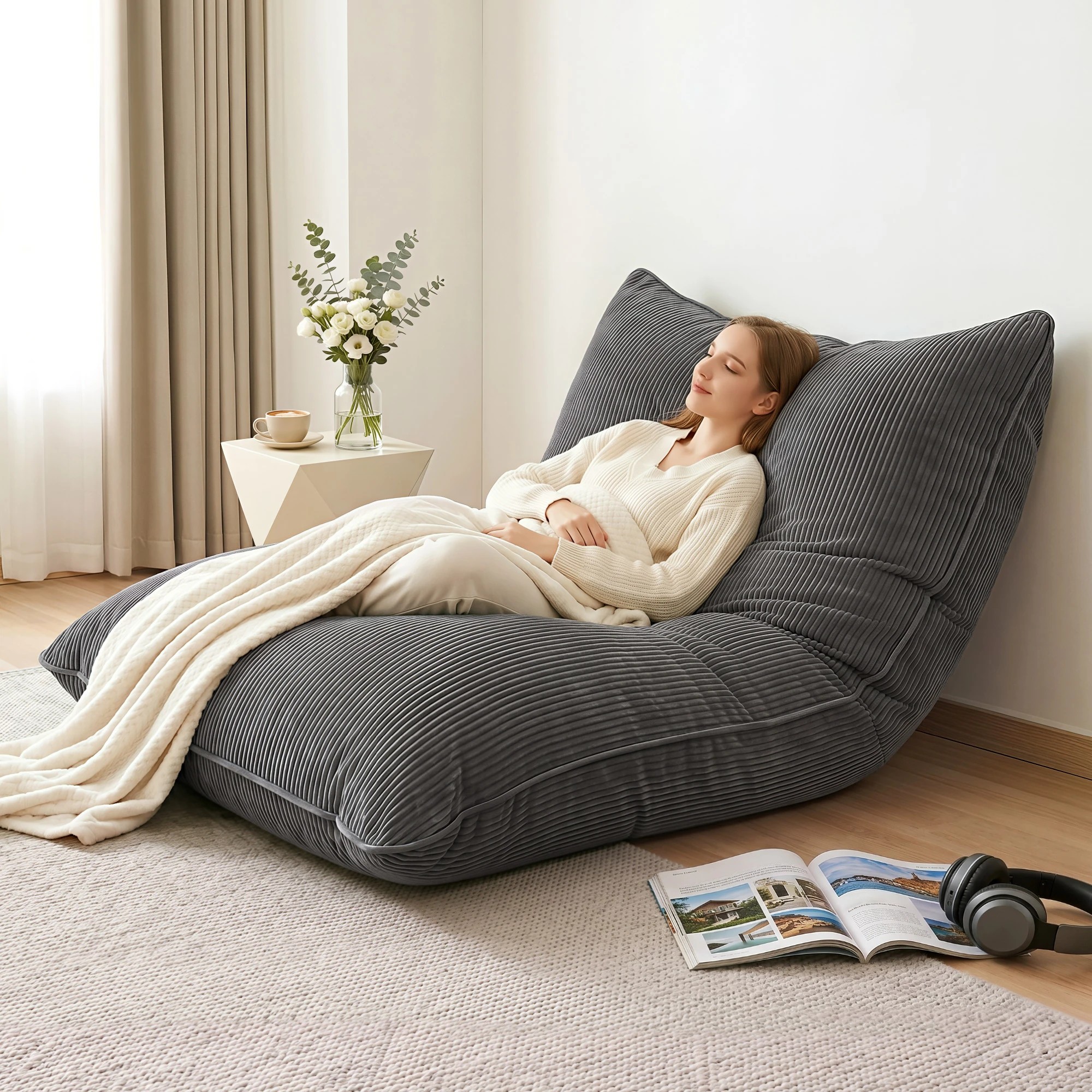 8 Artiss 3 in 1 Bean Bag Chair Cover No Filler Convertible Corduroy Bean Bag Cover Washable - Grey, 8 of 10
