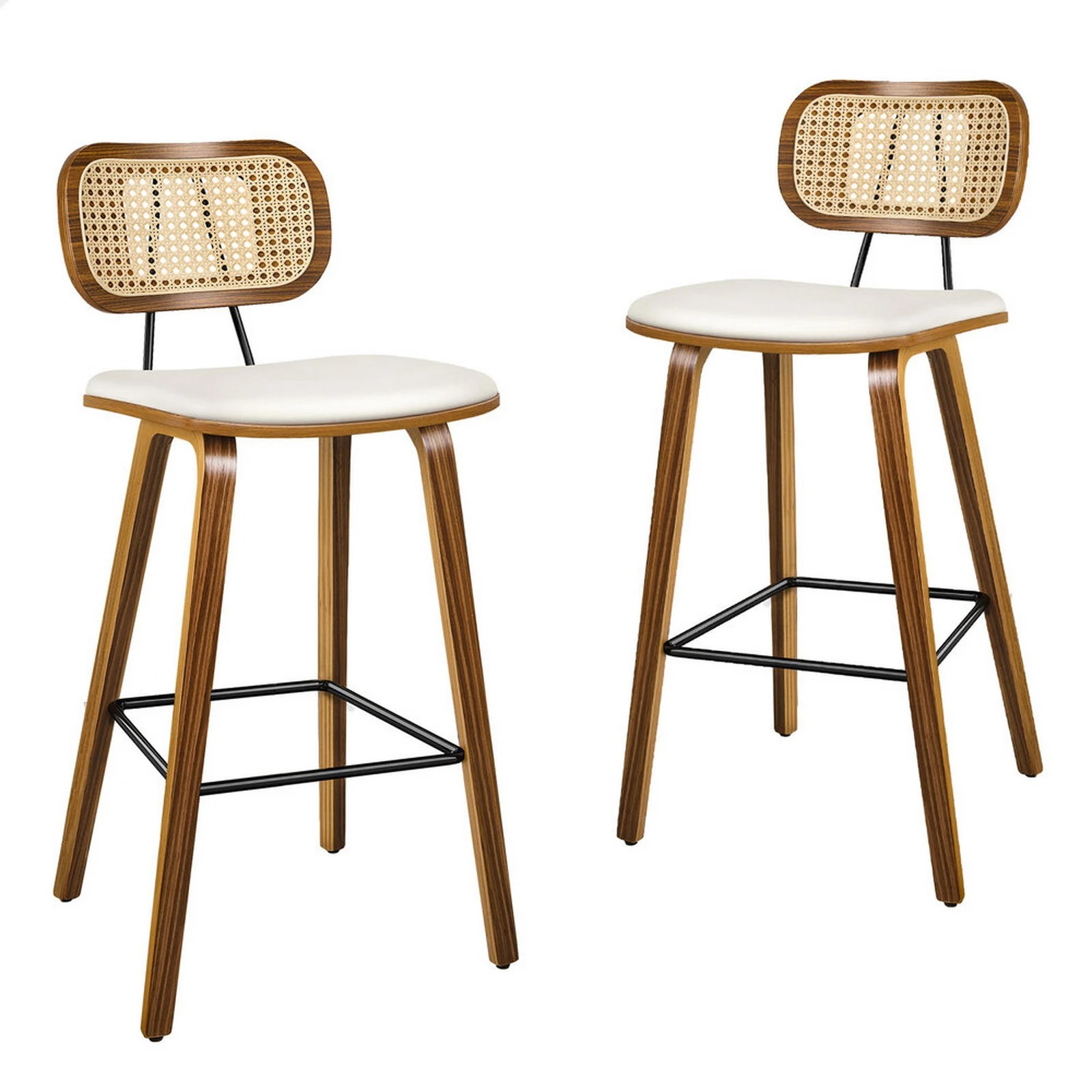 1 Alfordson 2x Bar Stools Kitchen Vintage Leather Seat Rattan Chair Wooden - White, 1 of 9