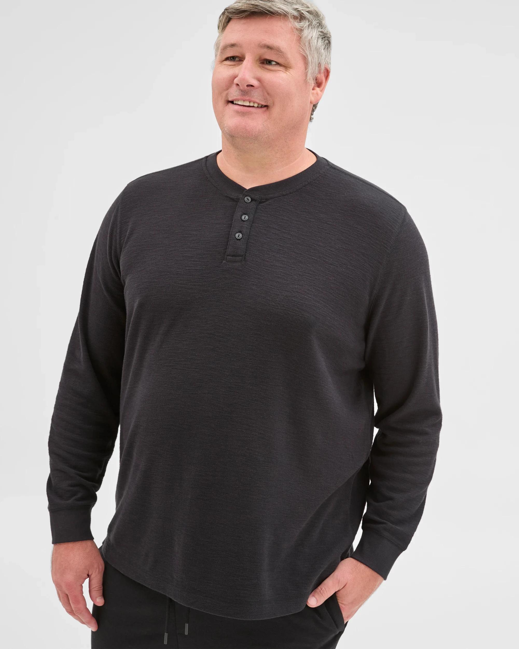 1 Target Man Plus Size Australian Cotton Long Sleeve Waffle Henley T-Shirt BLACK MARLE, 1 of 5