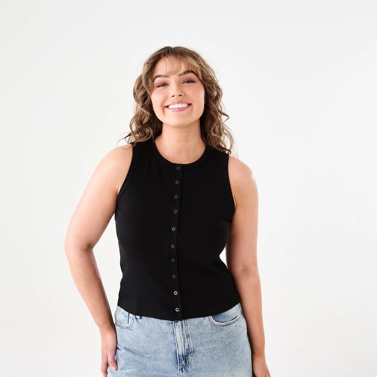 1 Sleeveless Rib Button Tank BLACK, 1 of 5