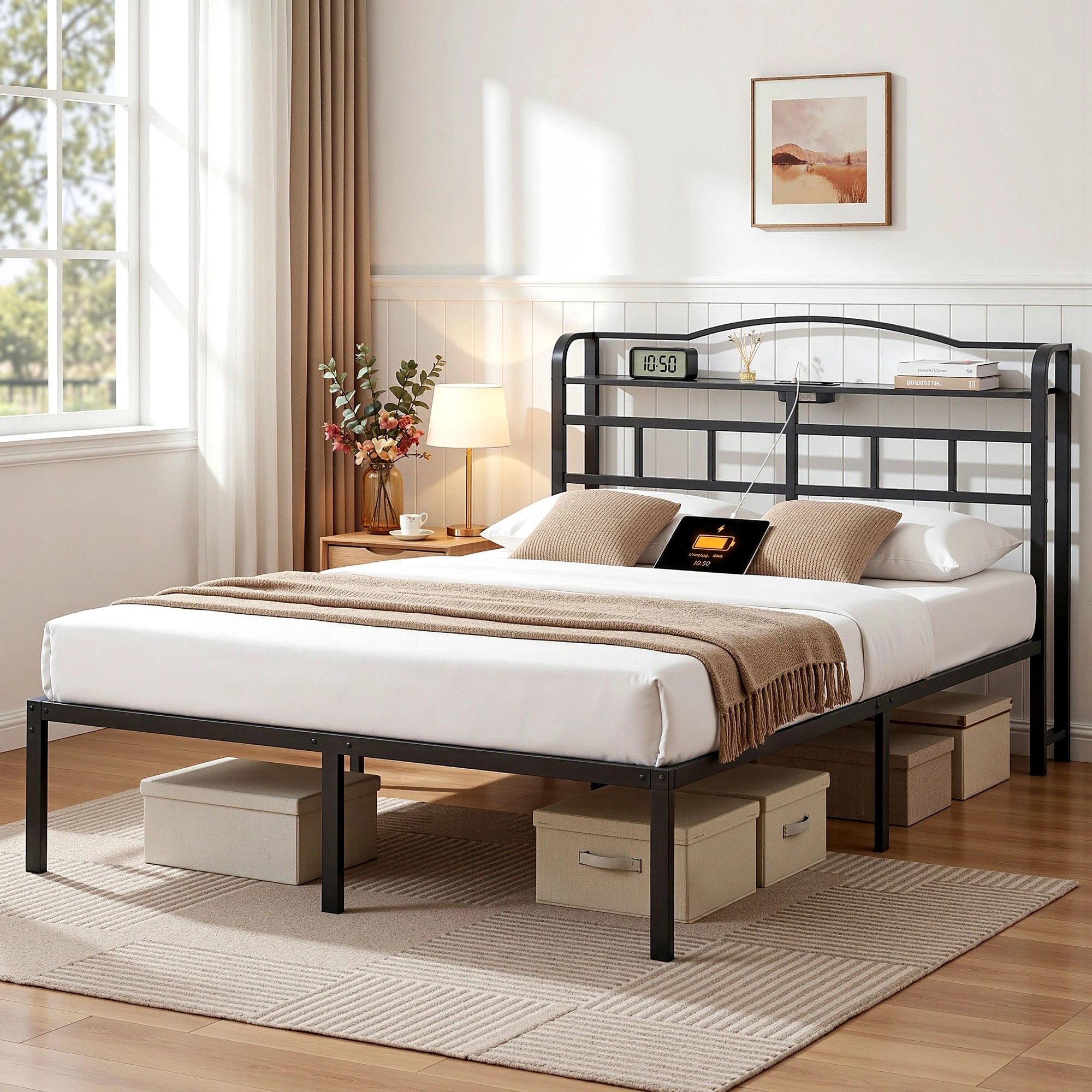 7 Artiss Bed Frame Queen Size with Charging Station WAVE - Black, 7 of 7