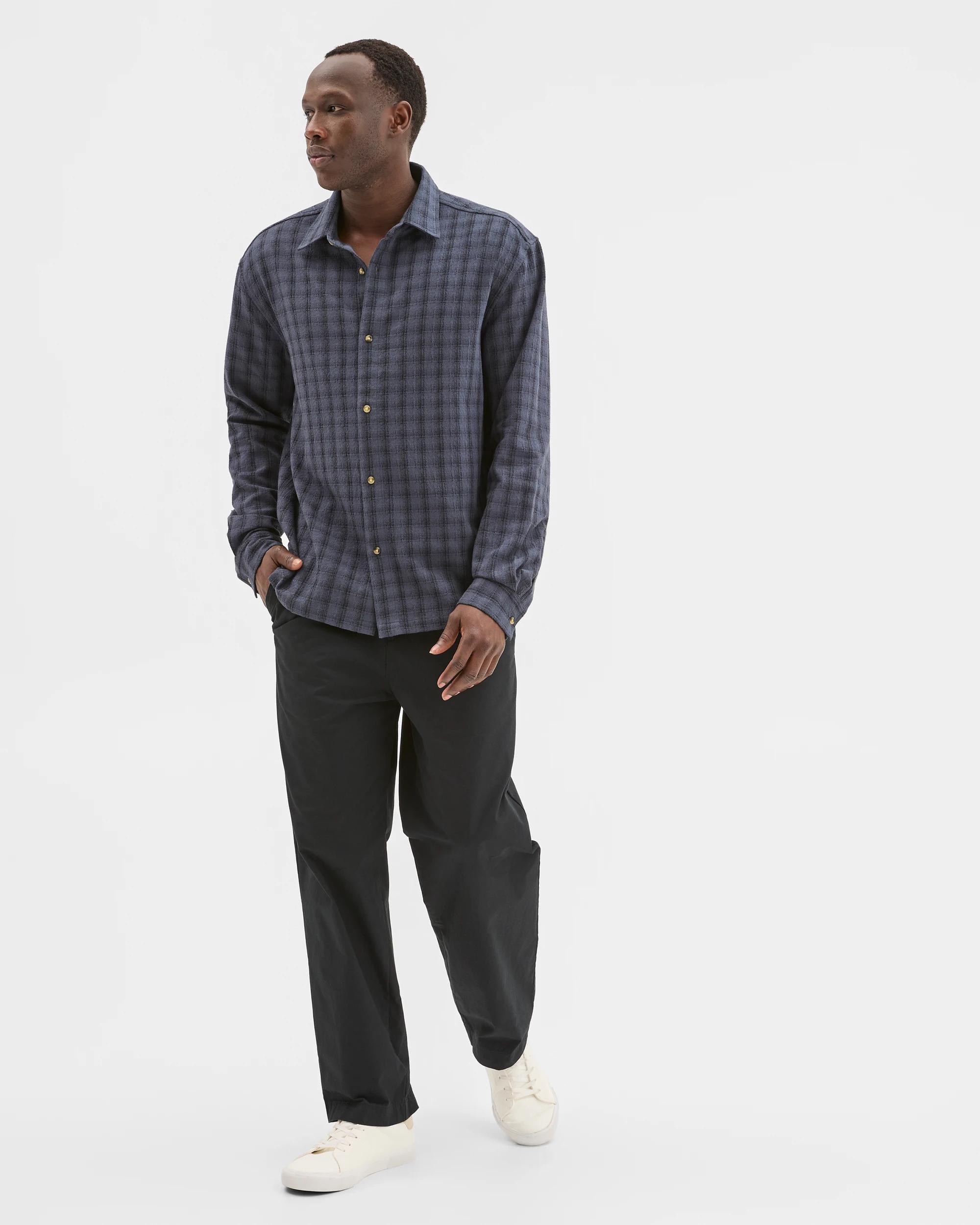 1 Commons Australian Cotton Boxy Fit Long Sleeve Textured Shirt NAVY CHECK, 1 of 7