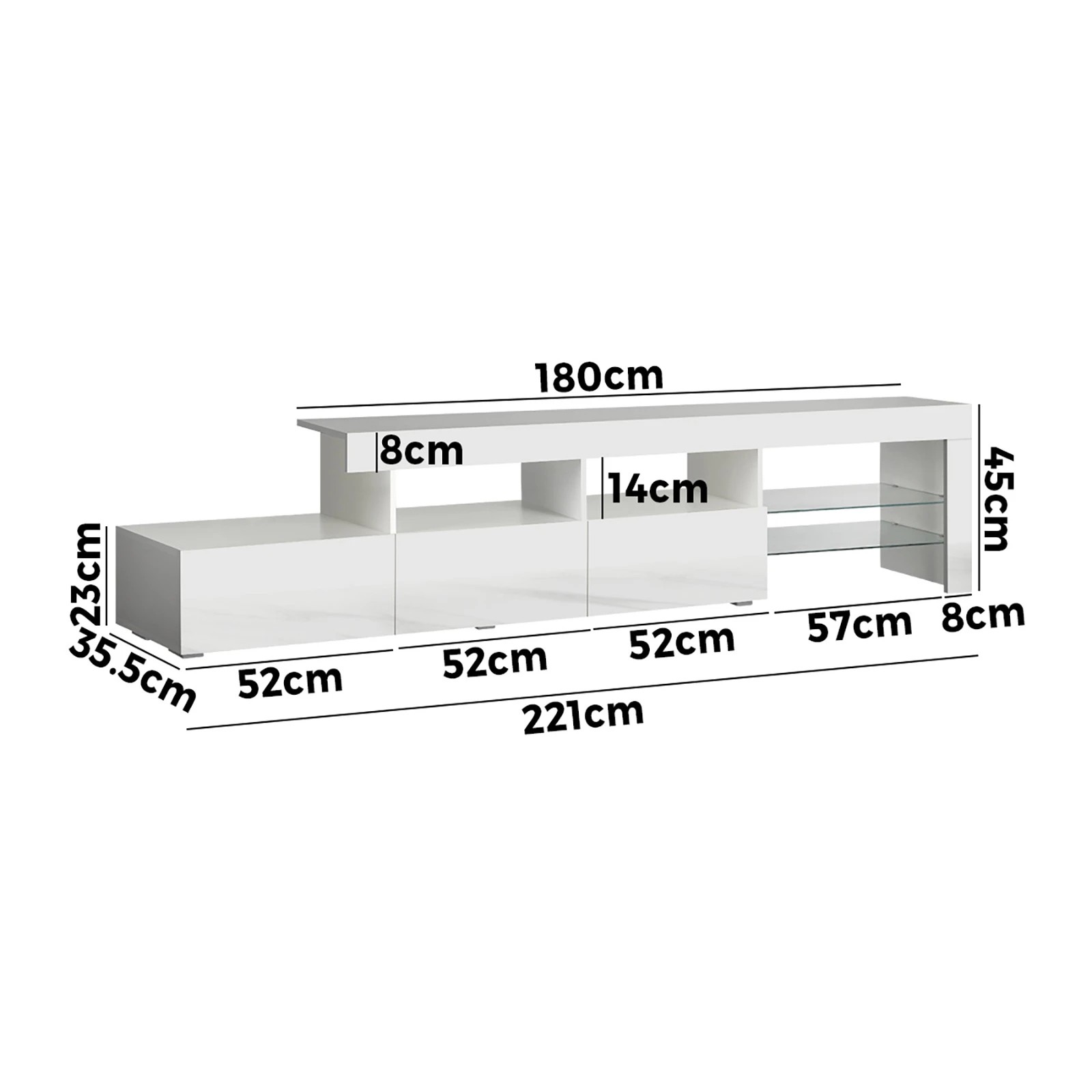 8 Oikiture Tv Cabinet Entertainment Unit Stand Rgb Led Gloss 220cm
 - White, 8 of 9