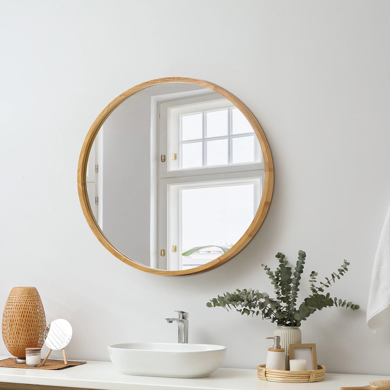 2 Oikiture Wall Mirrors Round Makeup Mirror Vanity Home Decor 50cm Wooden
 - Natural, 2 of 9