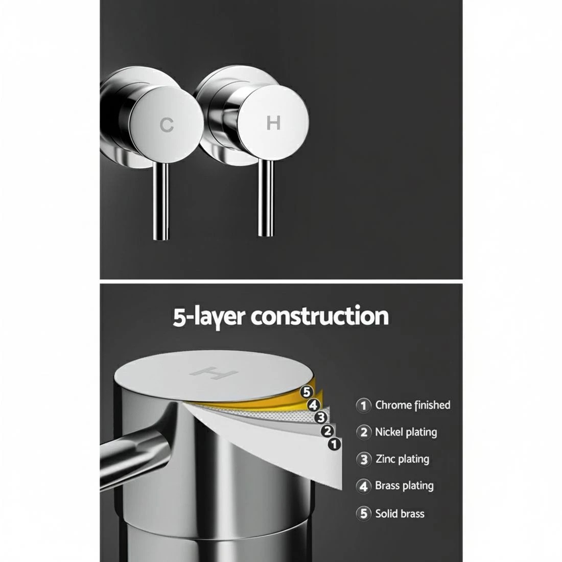 2 Cefito Basin Twin Tap Wall Round Brass Faucet Shower Bathtub - Silver, 2 of 4