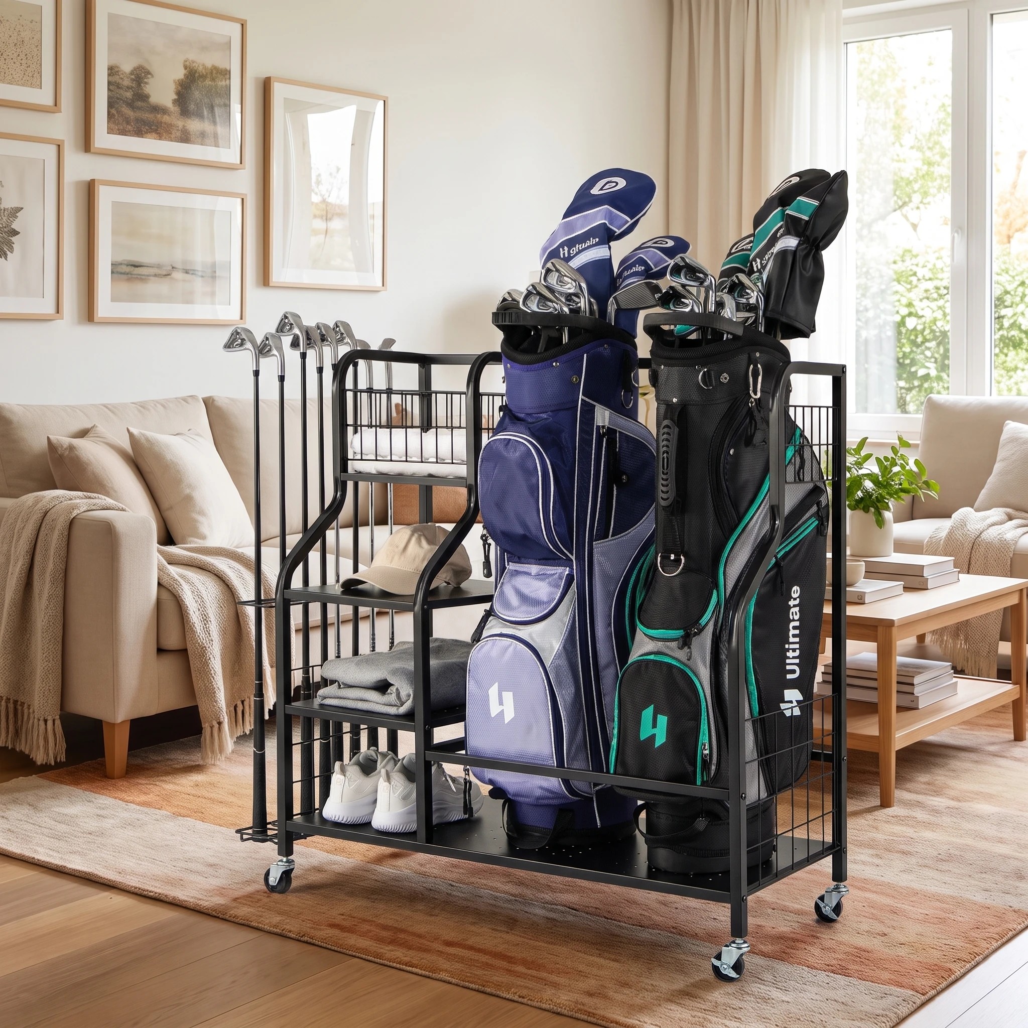 3 Costway Golf Bag Storage Garage Organizer Golf Bag Stand Golf Club Rack Holder w/Wheels, 3 of 7