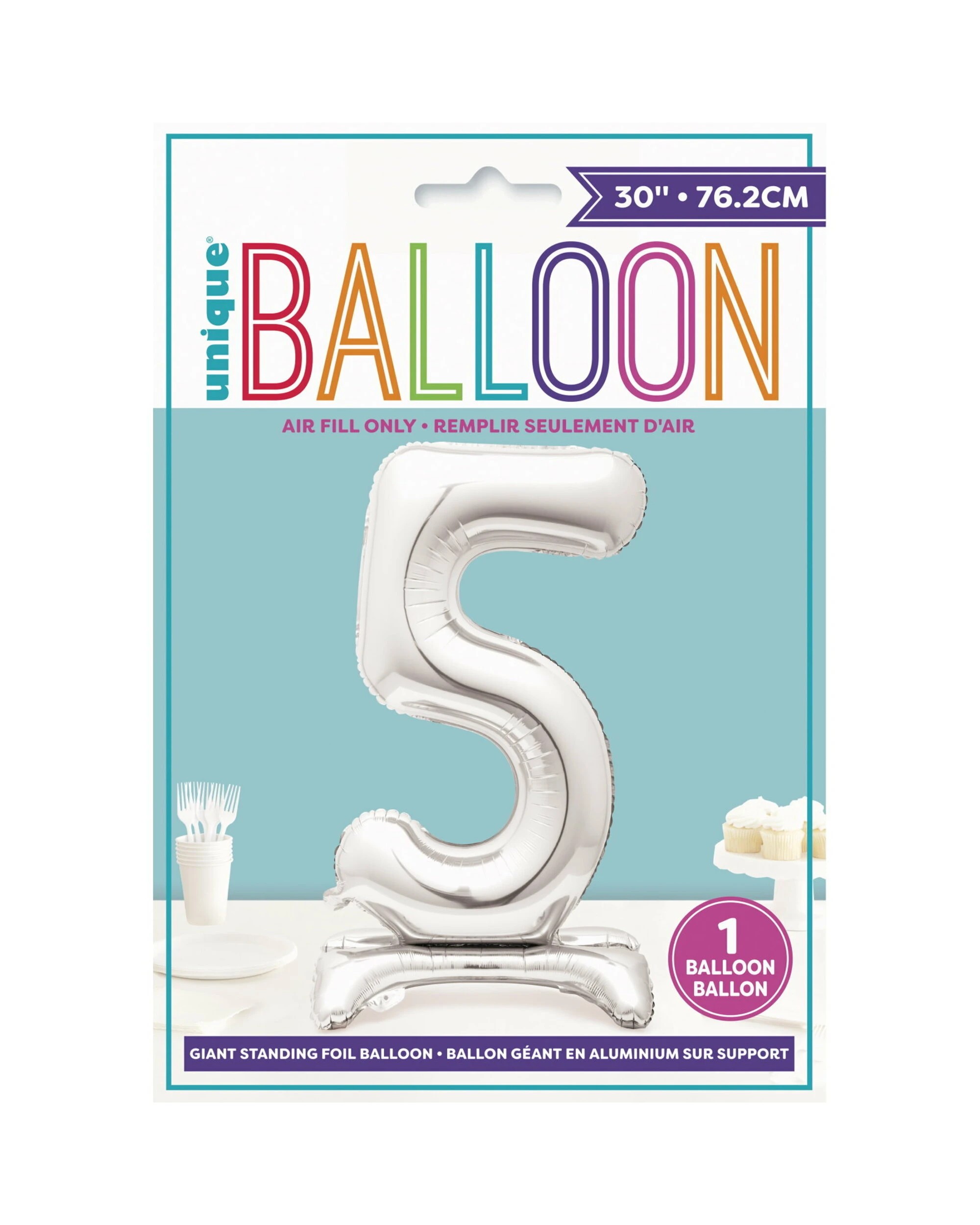 2 Unique Number 5 Stand Up Air Fill Balloon 76cm - Silver, 2 of 2